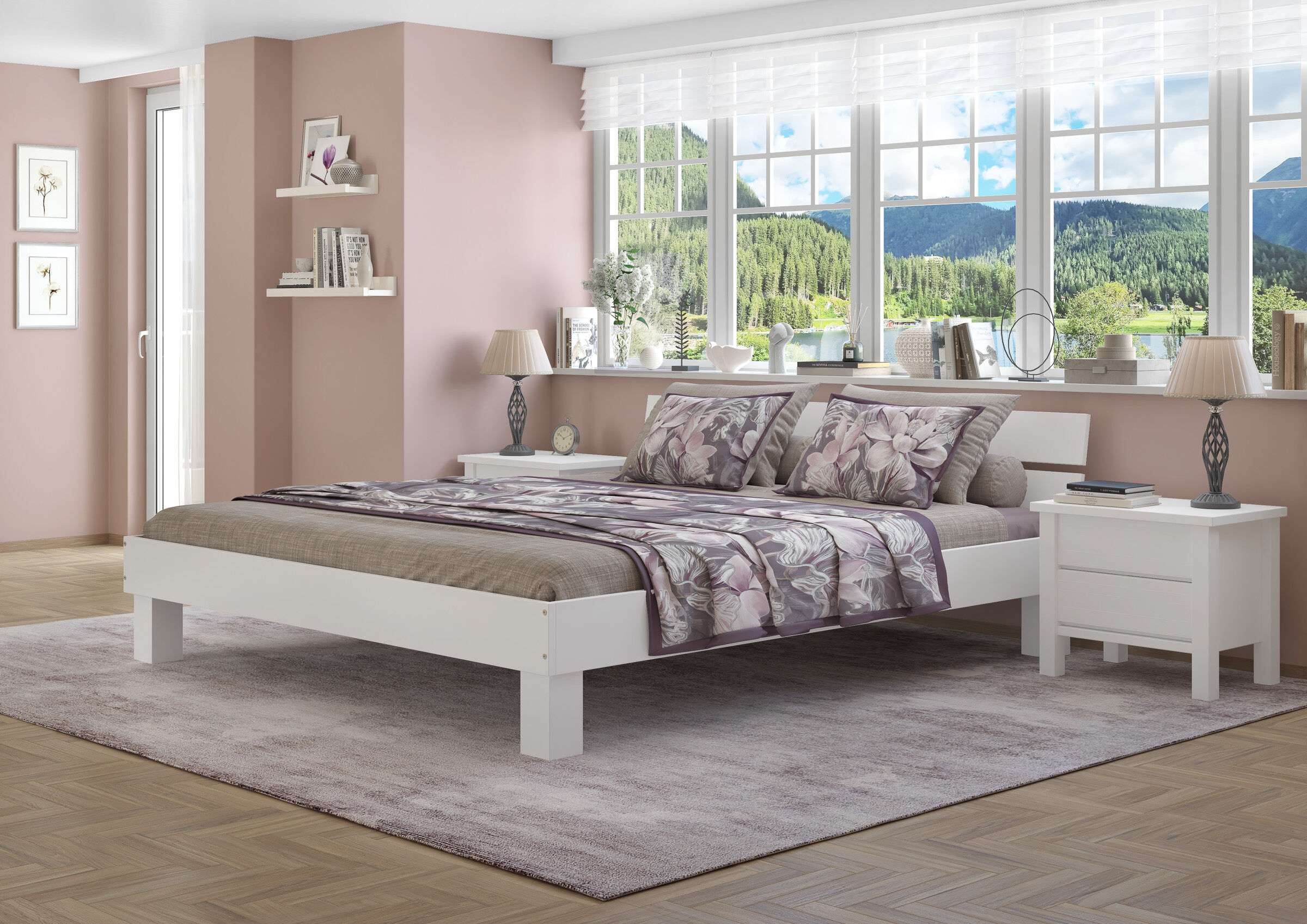 bett, schlafzimmer, rosafarbene wände, blumige bettwäsche, weißes bettgestell, Zimmerbild des Doppelbettes 200x200