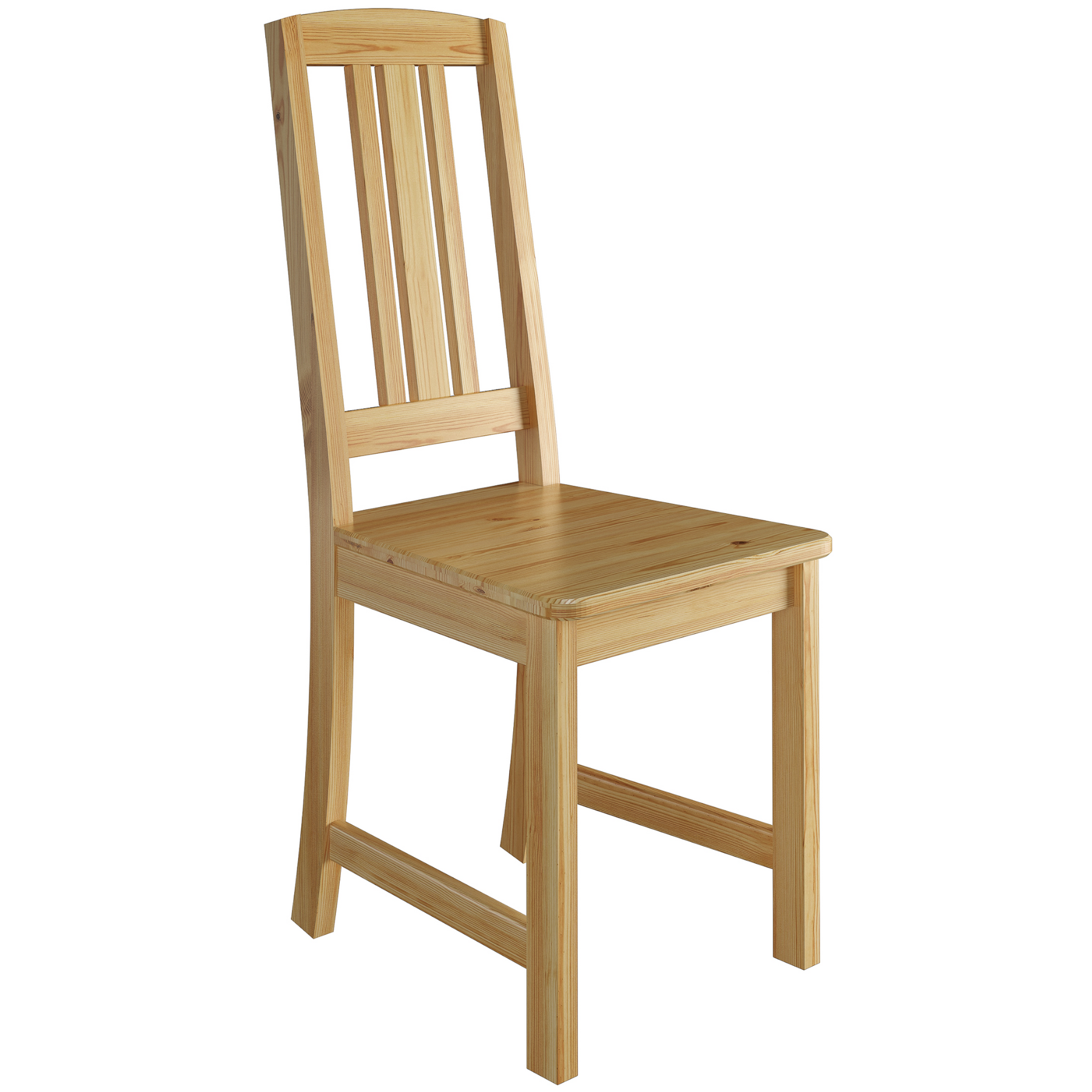 Stabiler Holzstuhl aus massiver Kiefer, Modell 22, klar lackiert, modernes Design - hohe Lehne mit Längsstreben Stabiler Holzstuhl aus massiver Kiefer, Modell 22, klar lackiert, modernes Design - hohe Lehne mit Längsstreben
