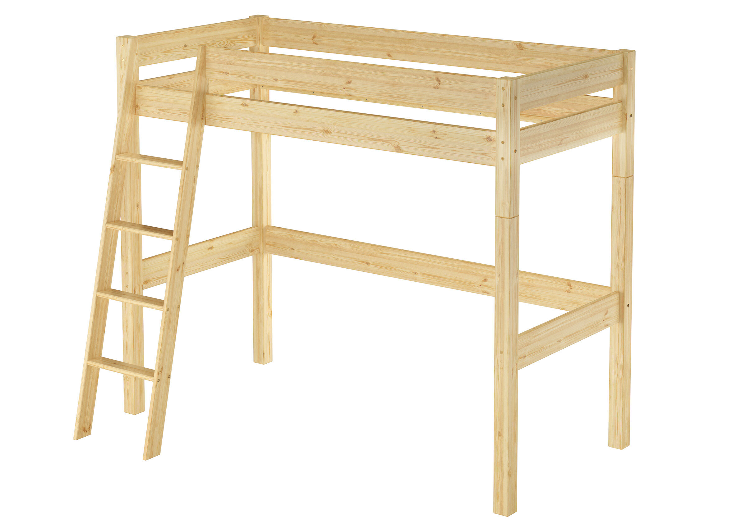 Holzhohes Bett, hochbett, Leiterbett, Naturholz, Holzmasse, Einzelbett Hochbett Kiefer natur