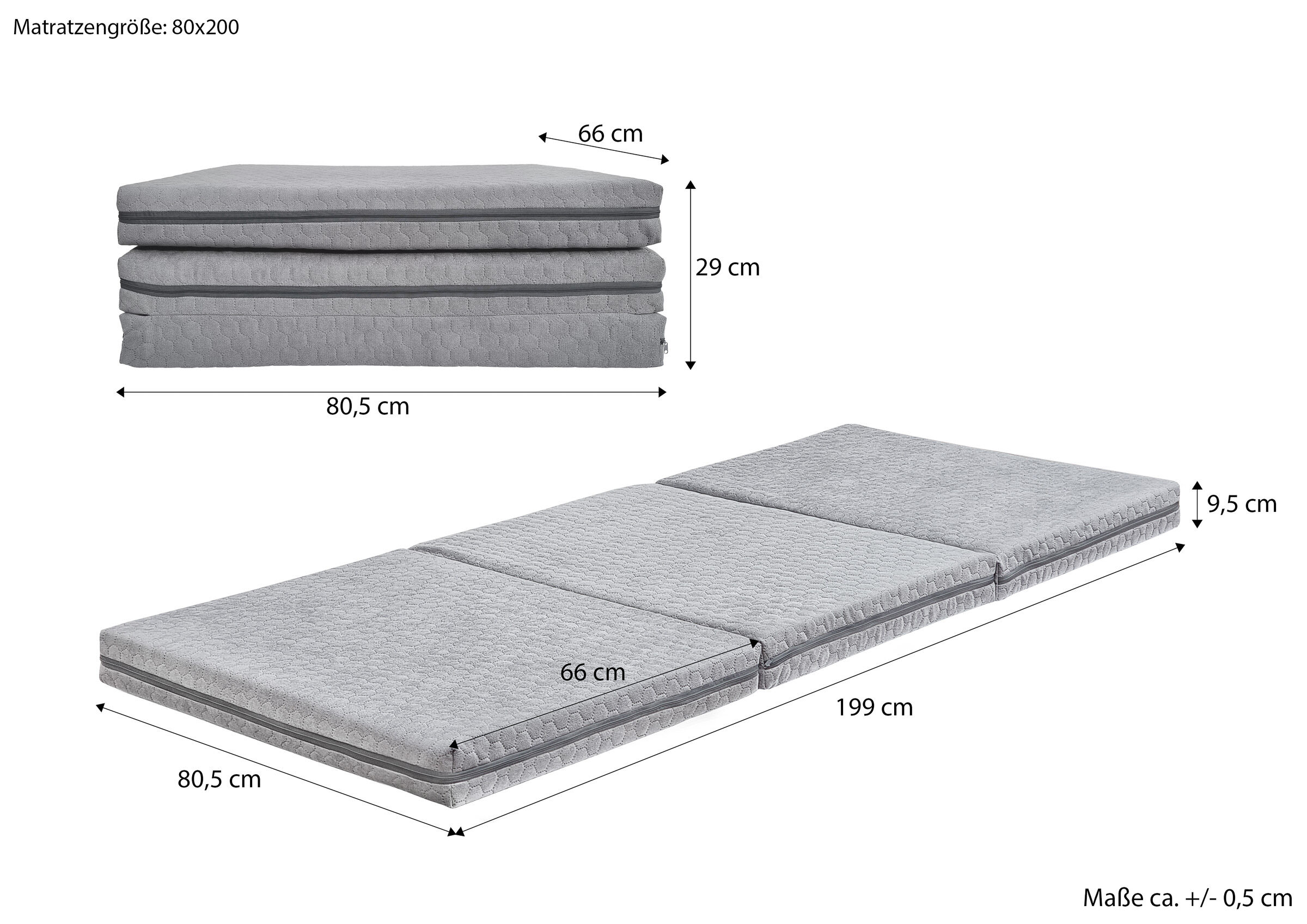 Matratze, Kasettenfeder, Kern: Kaltschaum, grau, Ziehseite, Maße der Faltmatratze 80x200