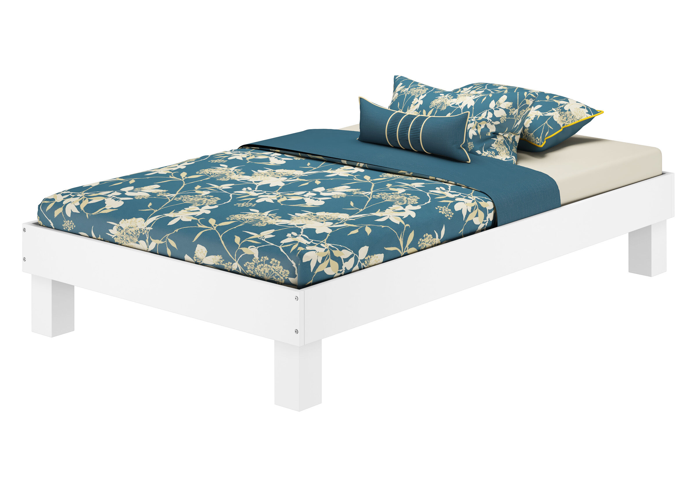 Bett, Möbelbett, Bettwäsche, Blau, Blumenmuster, Massivholzbett 120x200 Buche weiß