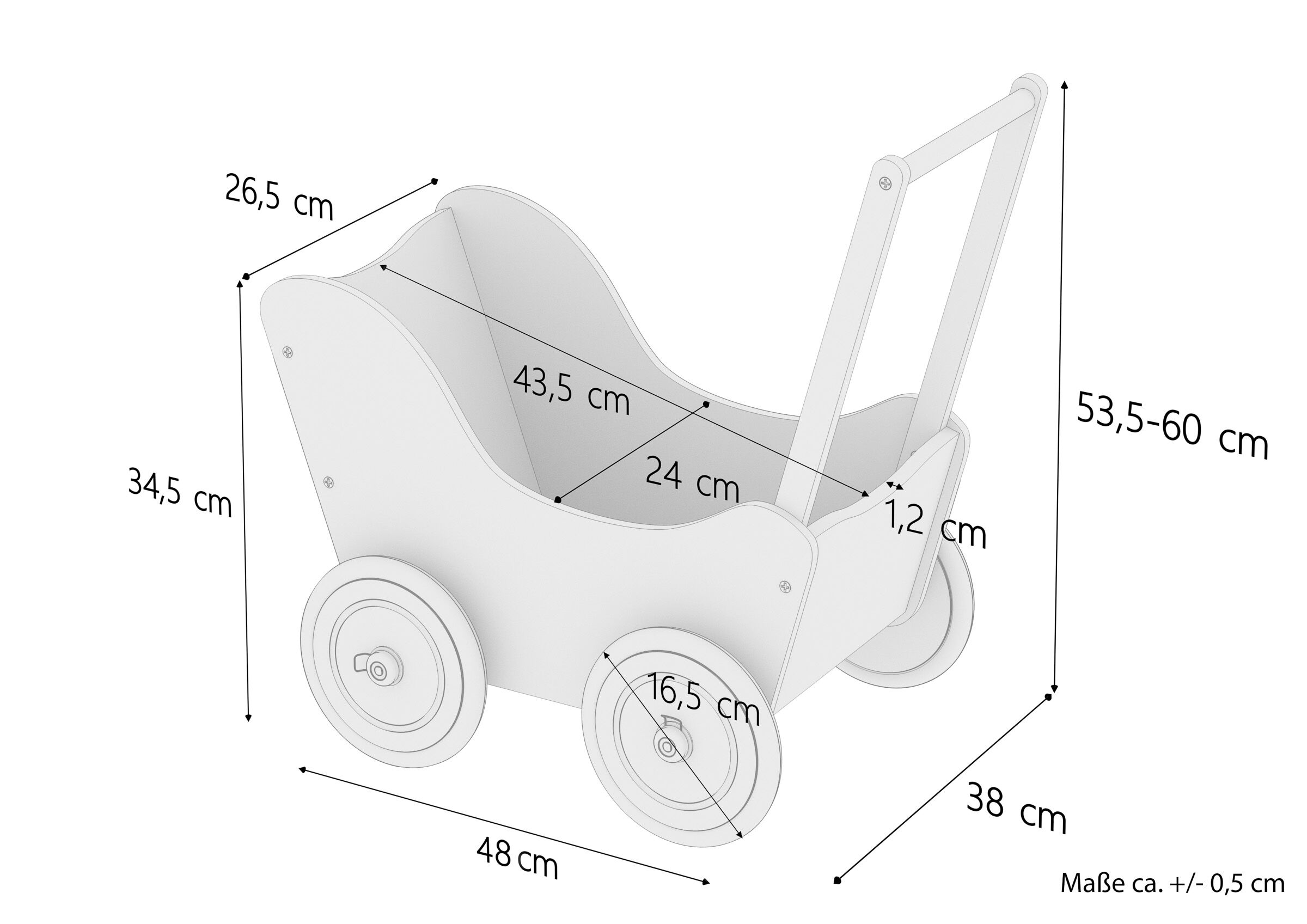 Kinderwagen, Spielzeugwagen, Holz, Wagenrad, Griffstange, Maße des Puppenwagens