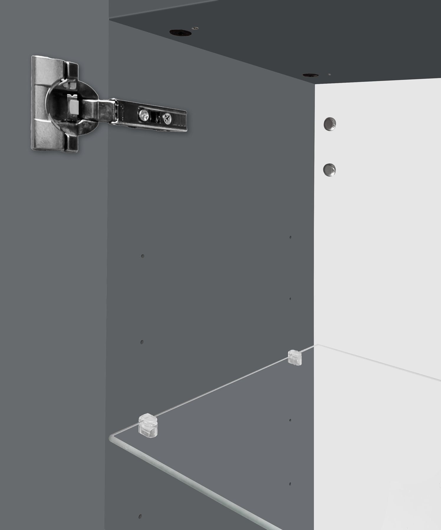 Küchenschrank, Scharnier, Metallbeschläge, Dämpfung, Glasregal, Detailbilder Hochschrank
