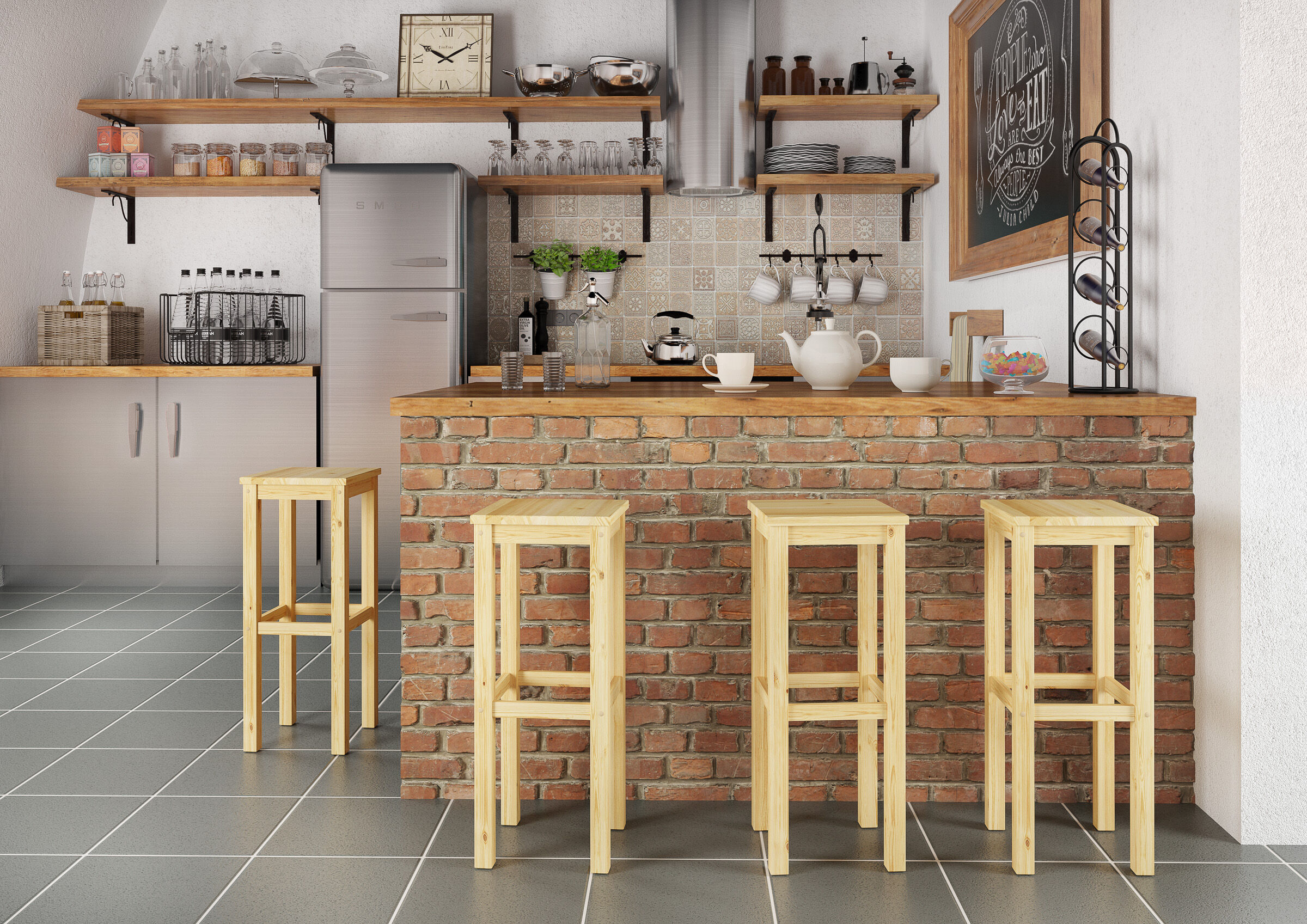 Kücheninsel, Barbau, Backstein, Holzstühle, Tafelware, Kellerbar-Idee-Barhocker-Holz