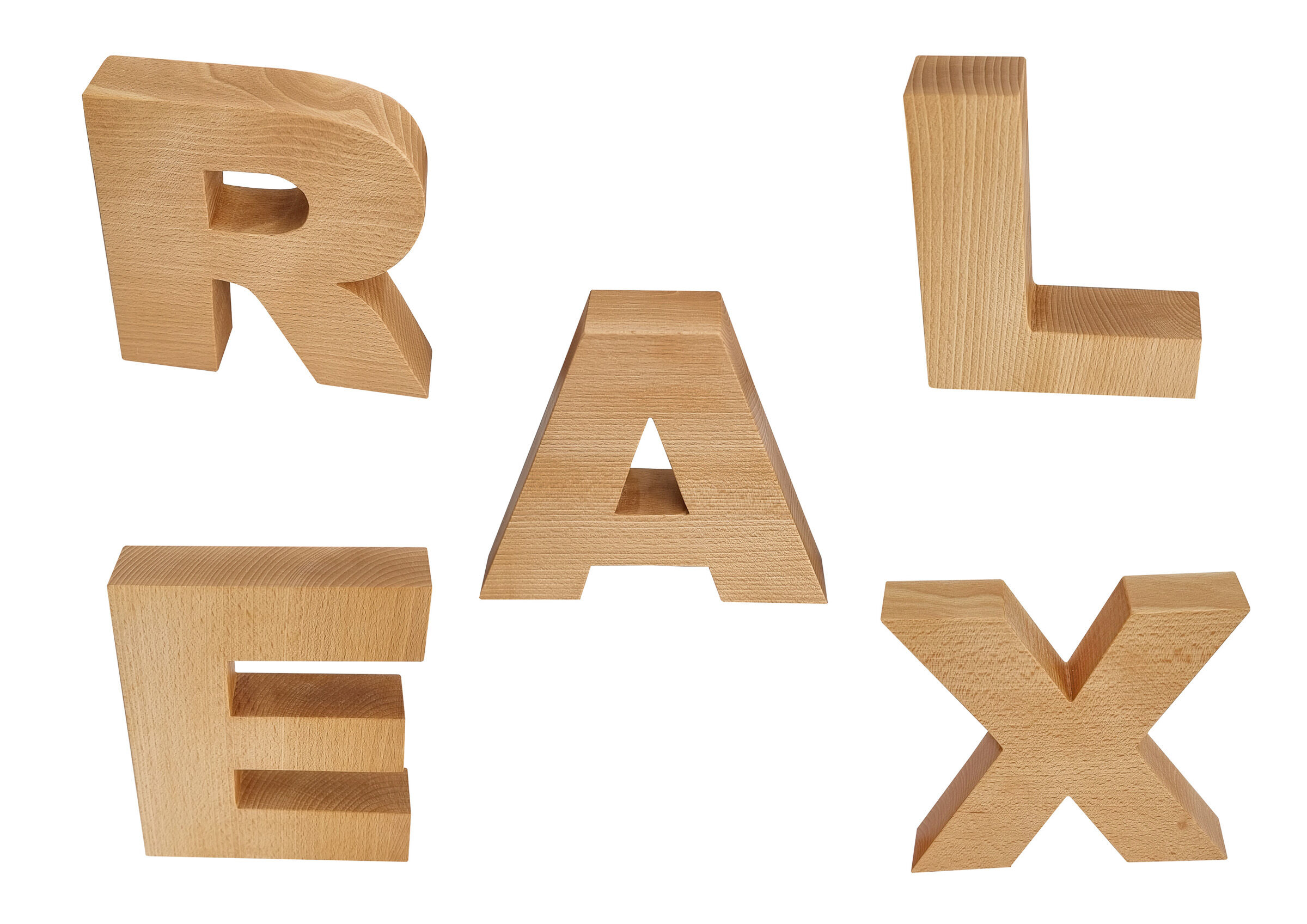 Holzbuchstaben, Buchstaben, Dekoschrift, Naturholz, Holzstatuen, Kreative Anordnung des Schriftzugs RELAX