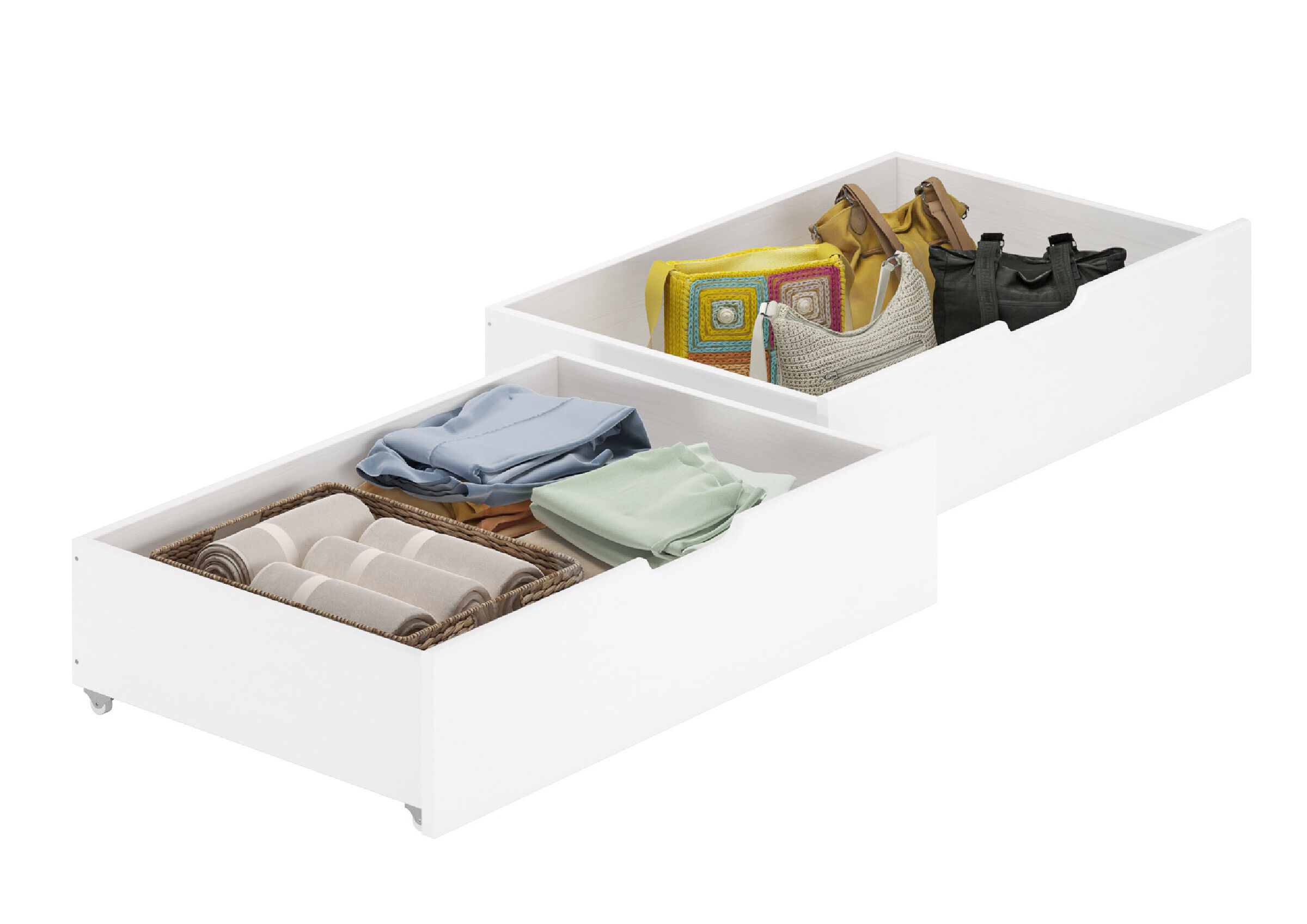 Kleideraufbewahrung, Korbboxen, Aufbewahrungsboxen, Schubladenorganizer, Täschchen liga, zwei Bettschubladen Kiefer weiß