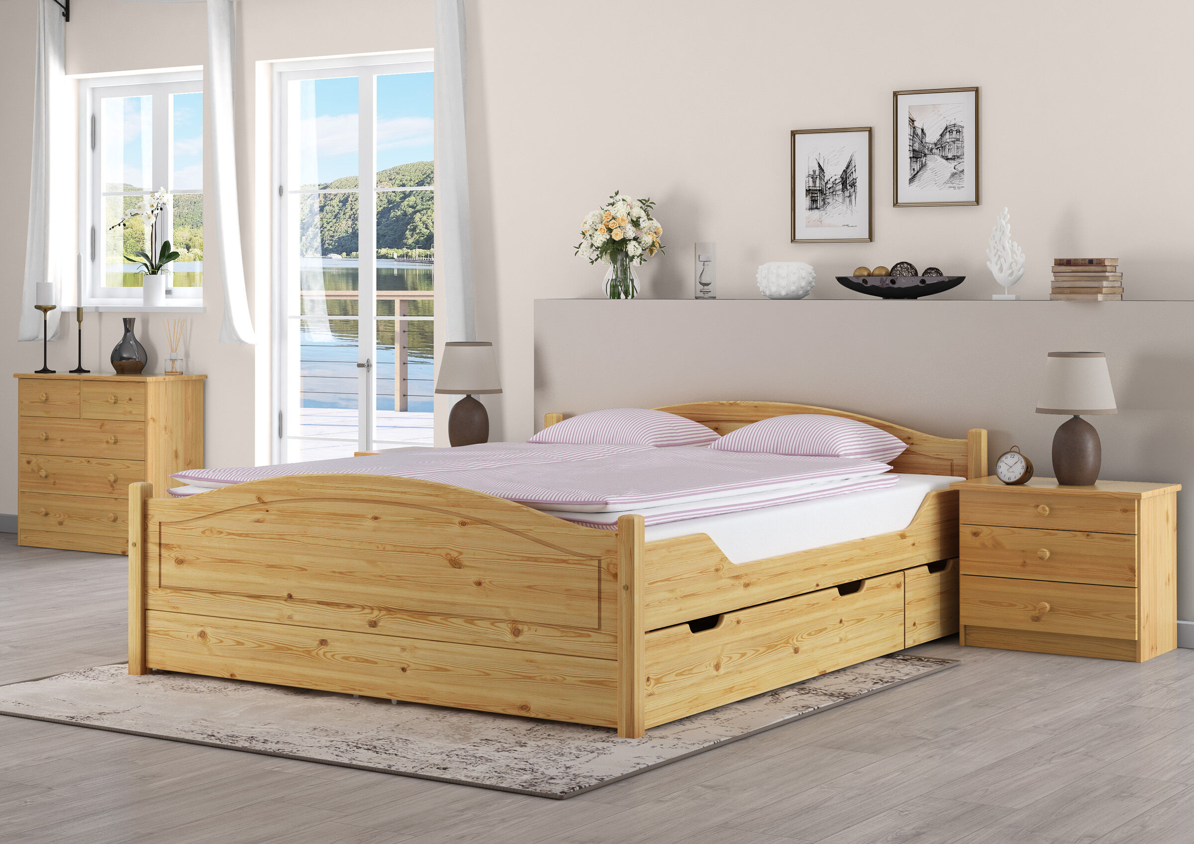 Holzbettrahmen, Holzbetten, King-Size-Bett, Nachttisch, natürliche-Farbton, Zimmerbild Doppelbett Kiefer natur