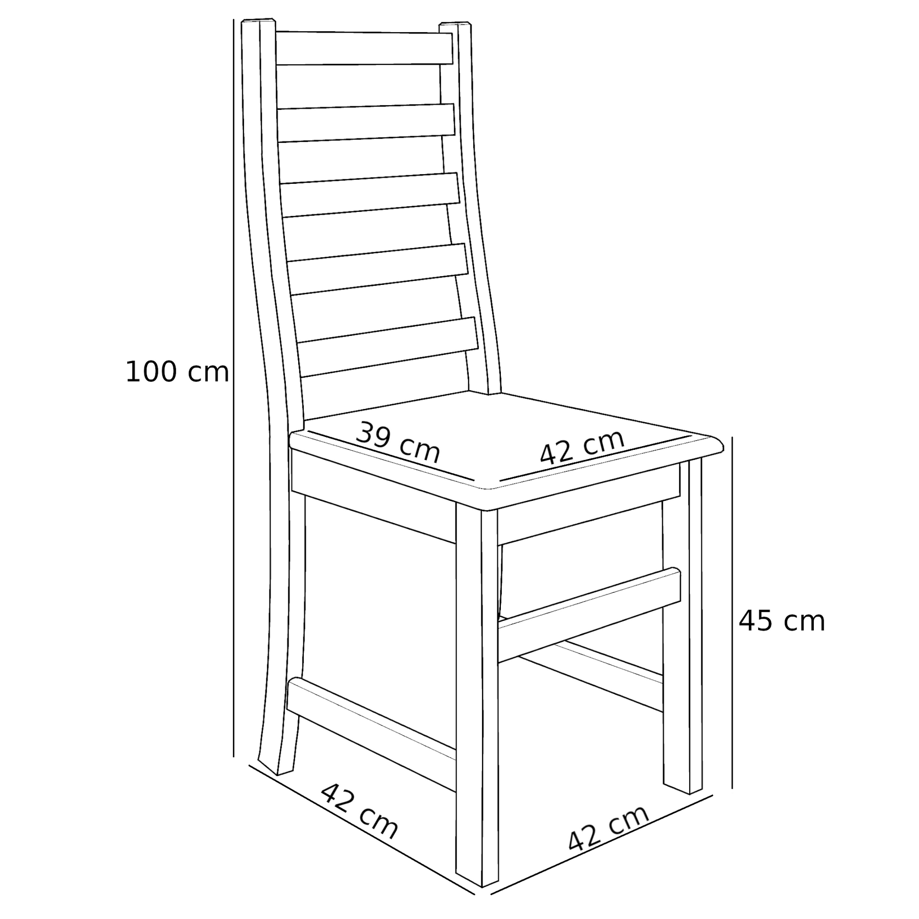 Stuhl, Holzstuhl, Geradestiller Rücken, Schlichte Optik, Maße 100x42x45 cm, Stabiler Holzstuhl aus massiver Kiefer, Modell 21, klar lackiert, modernes Design - elegant geschwungene Lehne mit Querstreben, Schema mit Maße