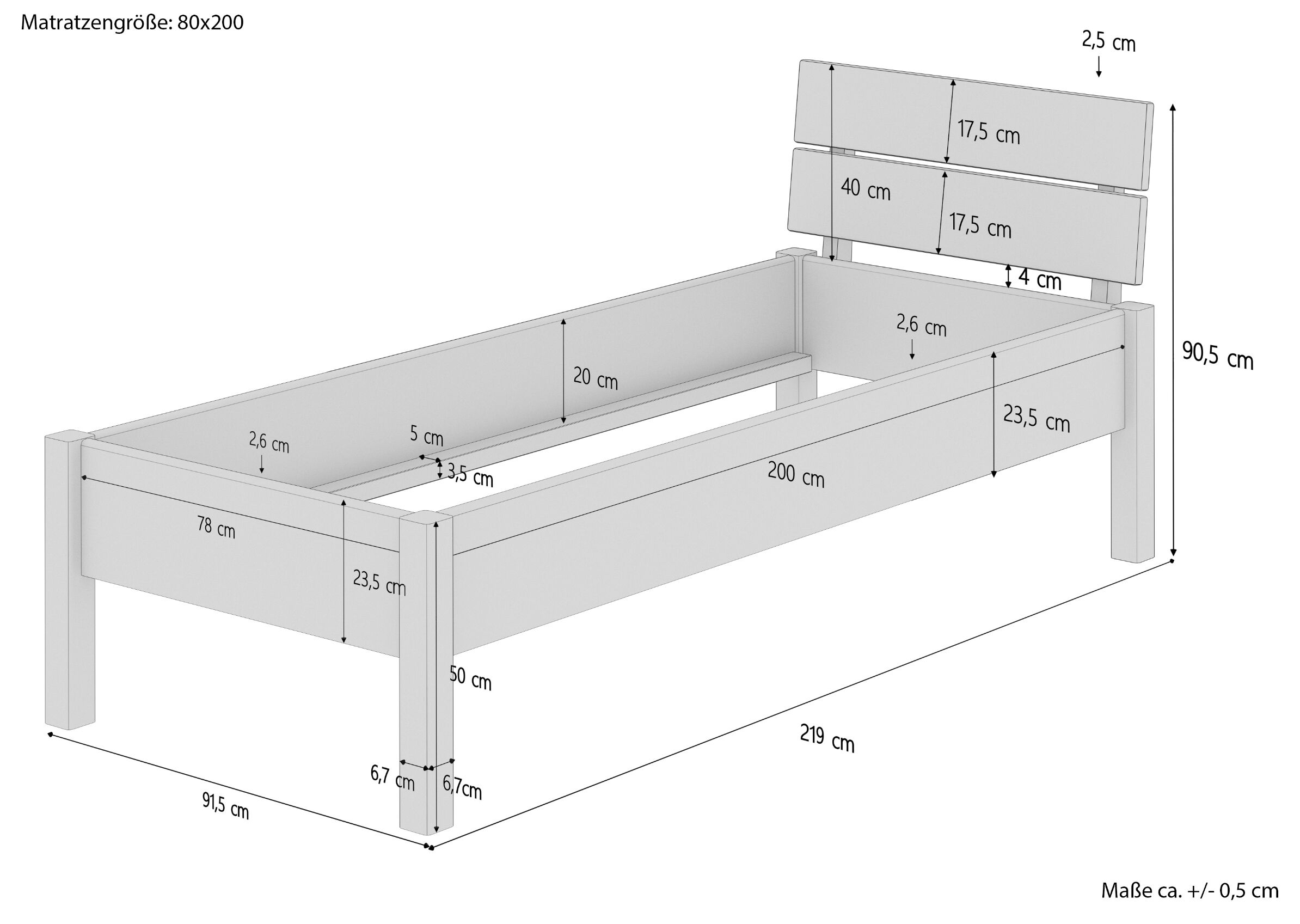Metallfreies Vollholzbett 80x200 in der Maßskizze
