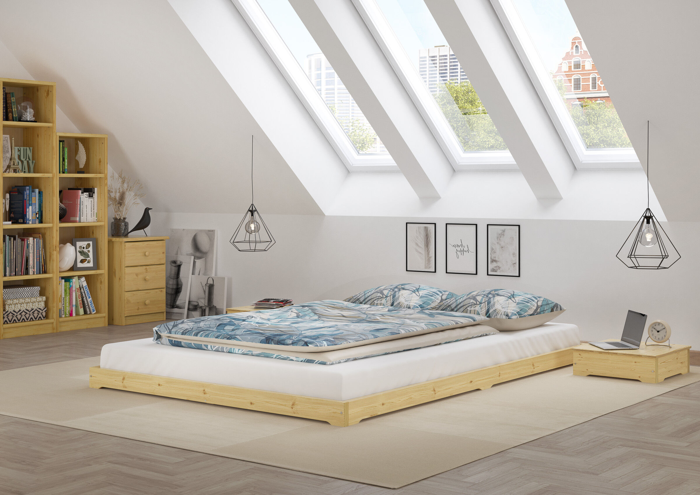 Bett, Bettrahmen aus Holz, Holzbett, Bettdecke, blaue Bettwäsche, Zimmerbild des extra niedrigen Ehebettes 200x200 cm