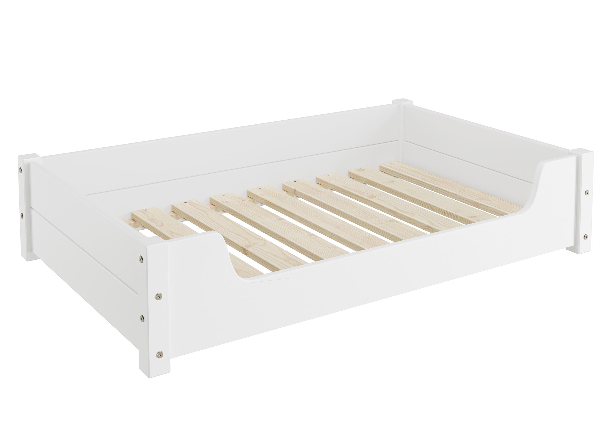 Kinderbett, Holzbett, Weiße Farbe, Seitenteile, Lattenrostloses Design, Hundebett-Holzgestell 100x60