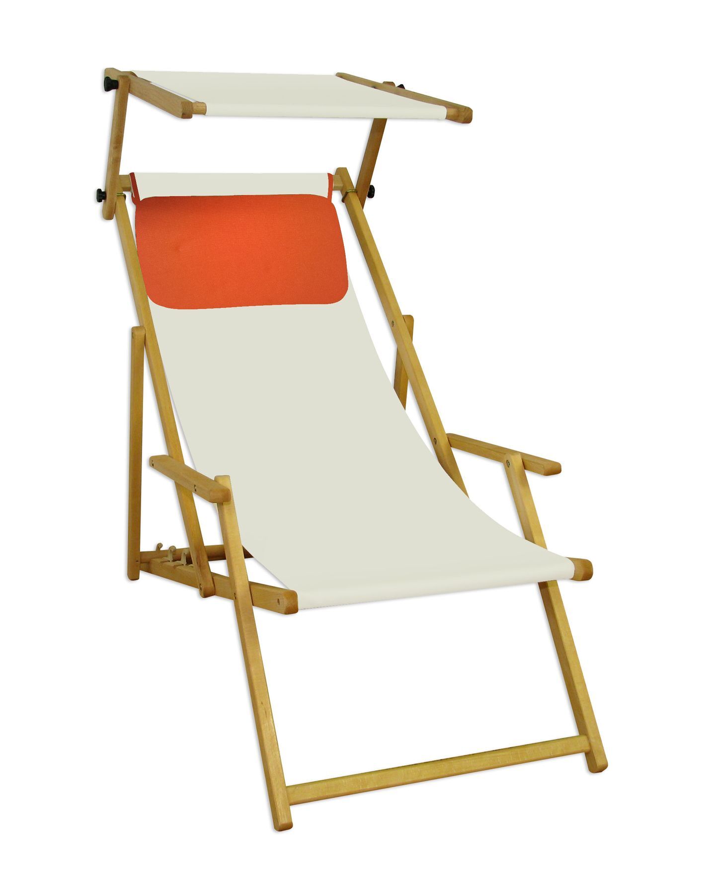 Strandkorb, Holzgestell, Sonnenliege, Stabhilfe, Sonnenverdeck, Strandstuhl mit Sonnendach und Kissen