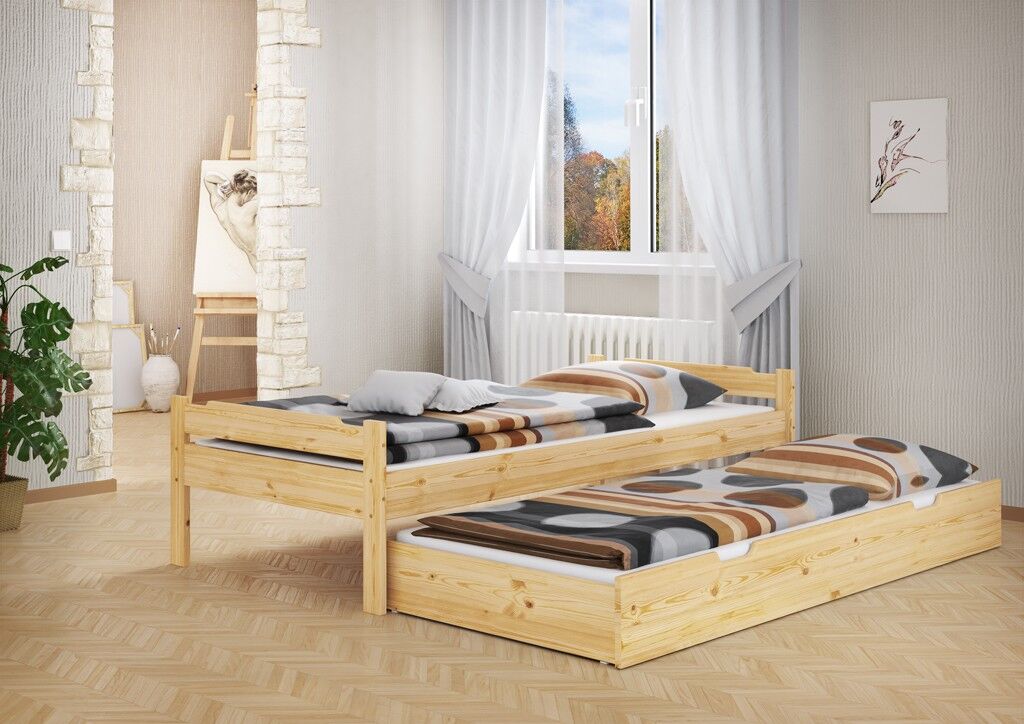 Holzbett, Twin-Bettgestell, Musterdecke, Bettgestell, Zimmermöbel, Gästebett Kiefer natur