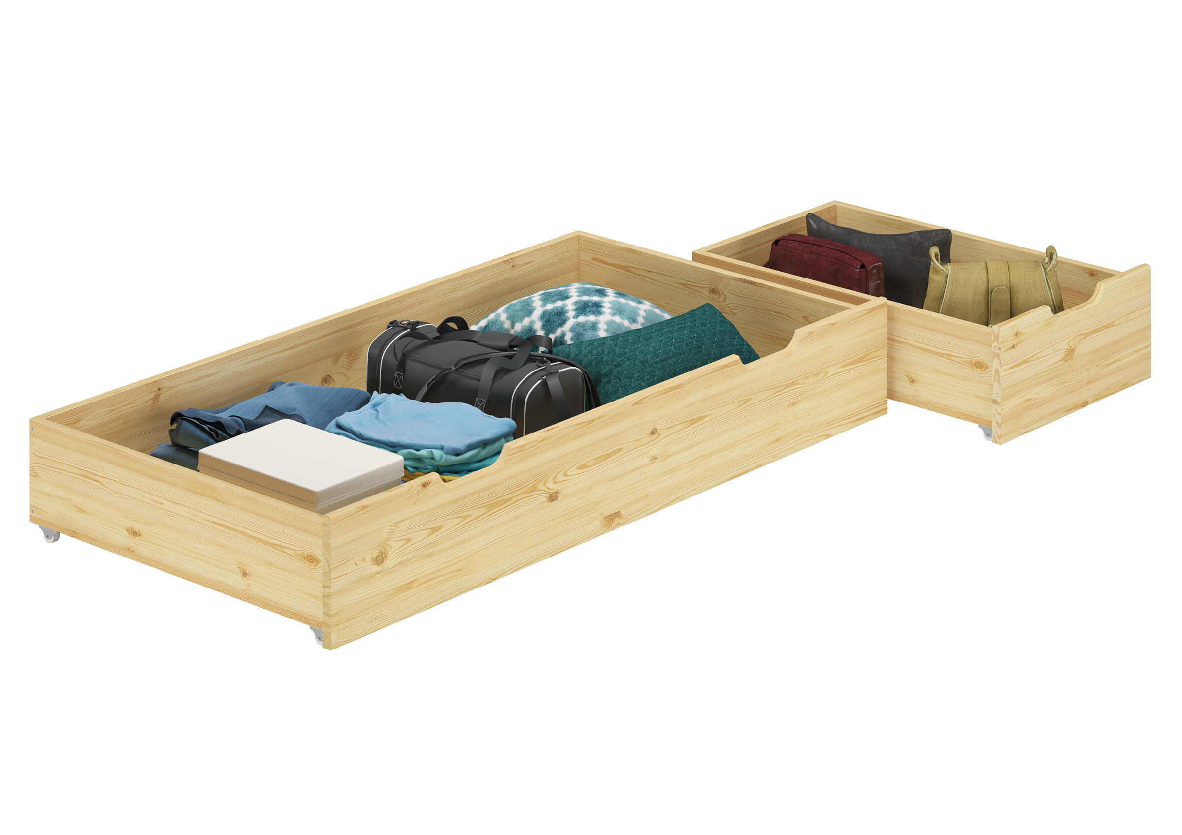 Bettenkasten, Holzbox, Aufbewahrung, Kastenbett, Wartungslaufen, Zweiteiliger Bettkasten Kiefer massiv