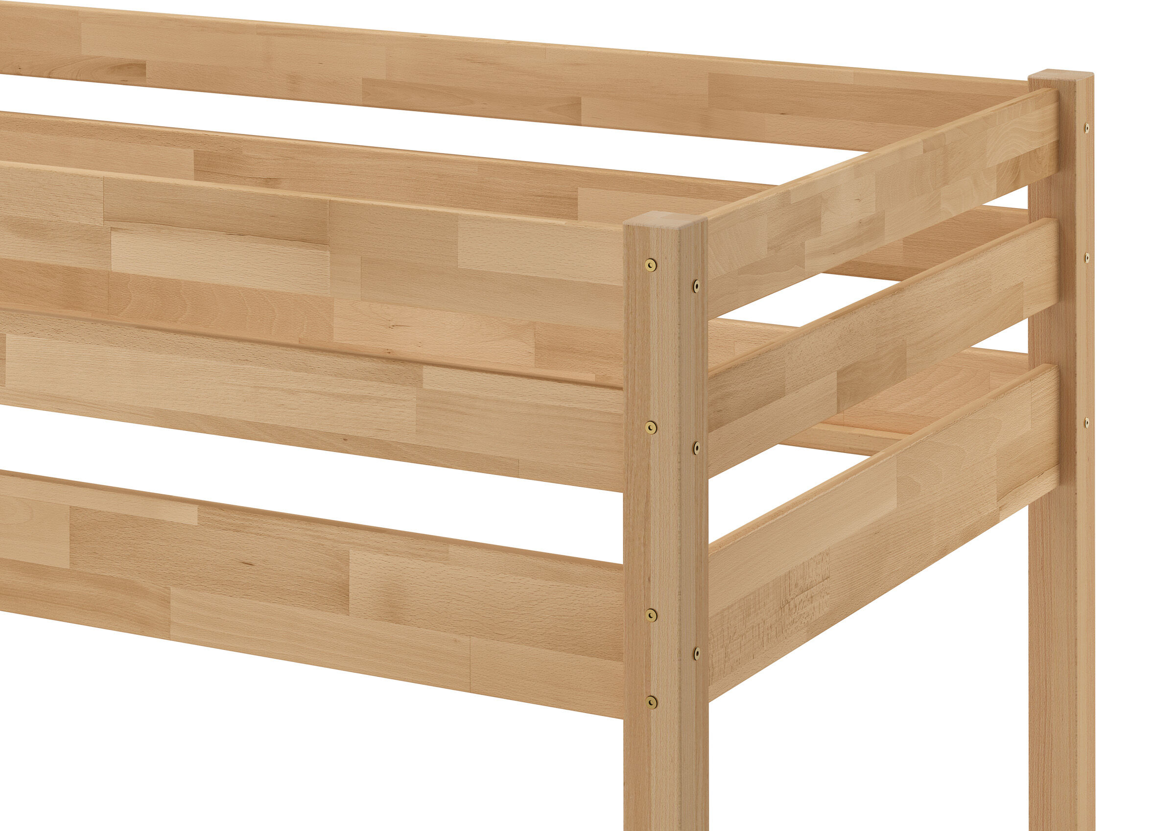 Holzbettrahmen, Bettgestell, Naturholz, Holzoberfläche, Konstruktion aus Holz, Buche Sicherung im Detail