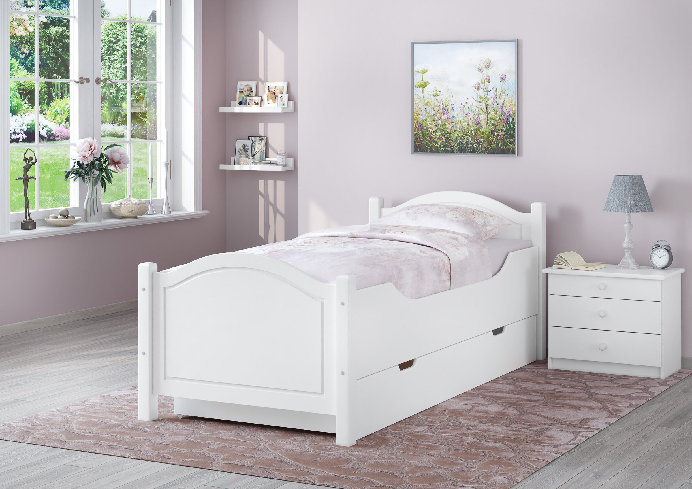 kleines Bett, Bettrahmen, Weiße Holzbettrahmen, Nachtisch, Betttücher pink, Schlafzimmer mit Einzelbett und Bettkasten weiß