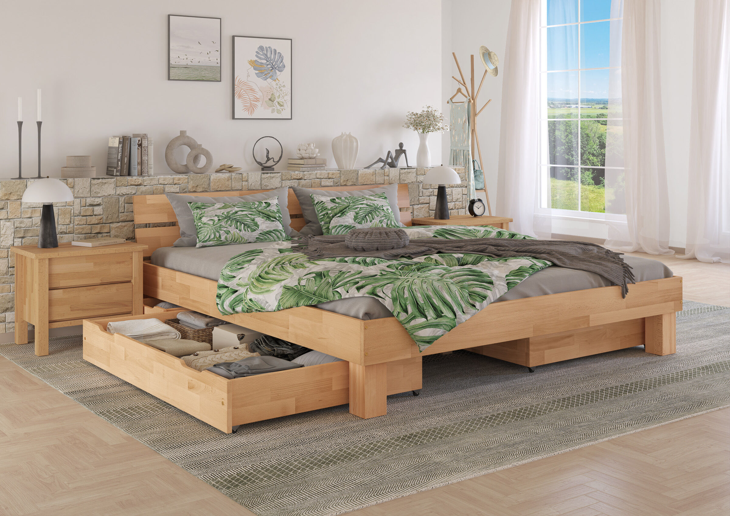 Betttuch, Bettgestell, Holzbett, Grün Blattmuster, Kastensystem/Schublade, Schlichtes Echtholzbett 180x200 mit 4 Schubladen