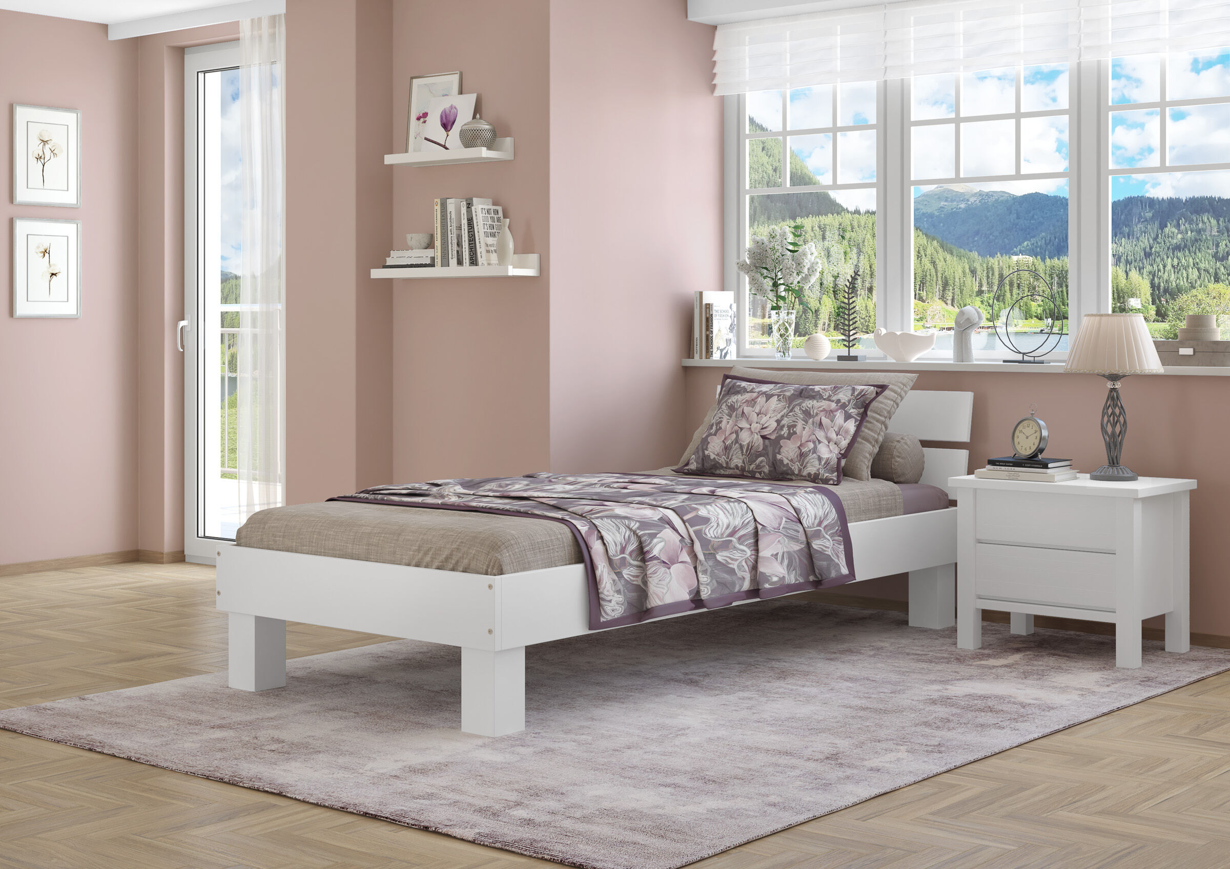 Schlafzimmer, Bett, Weiße Möbel, Rosen-Top Baumwoll-Decke?, Rosa Wand, Bettdecke floral, Schlichtes Vollholzbett 100x200 aus Buche