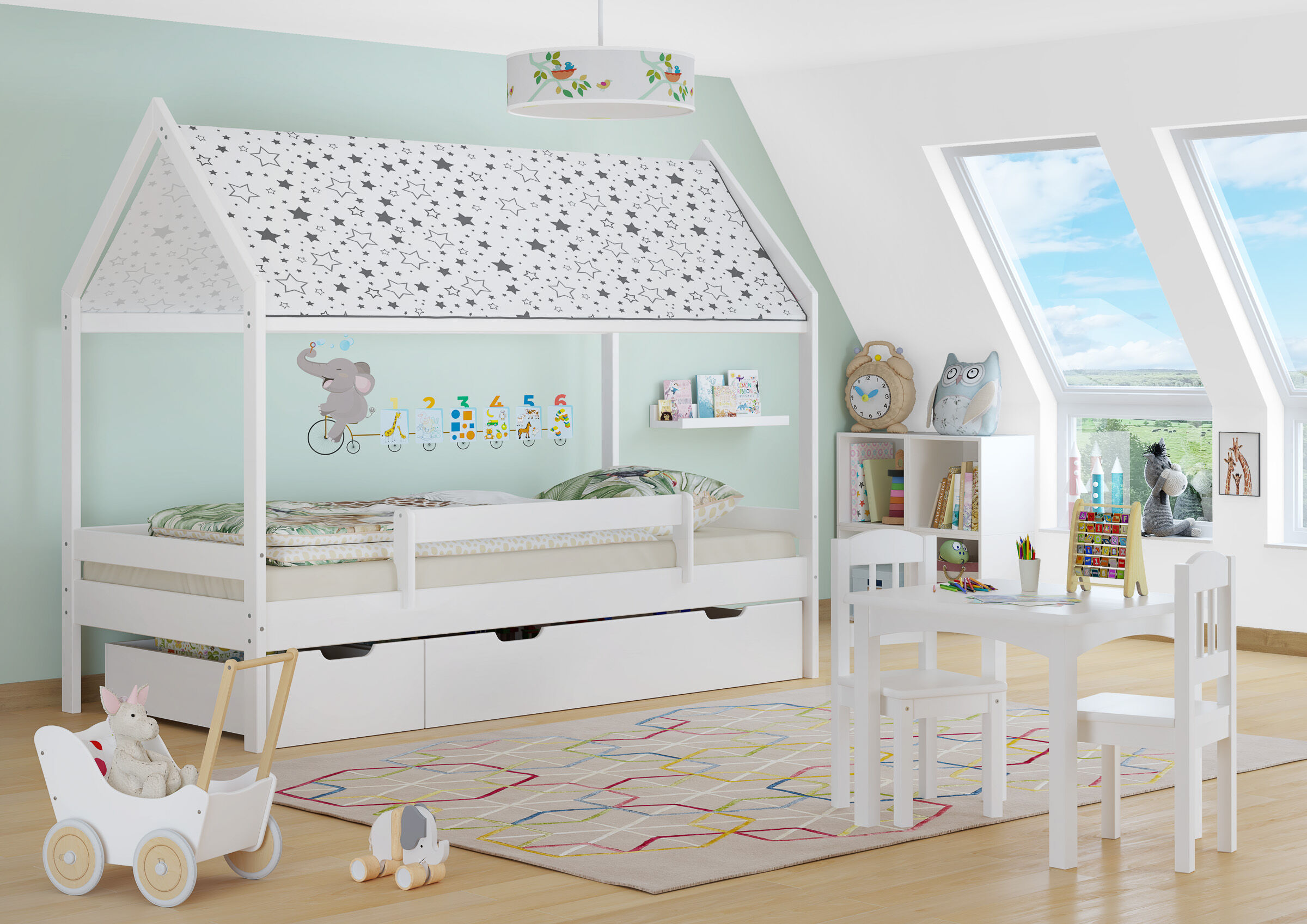 Kinderbett, Etagenbett, Weiße Möbel, Bettkasten, Spielzimmer, Kinderzimmer mit Sternenbett und 2 Bettkästen weiß
