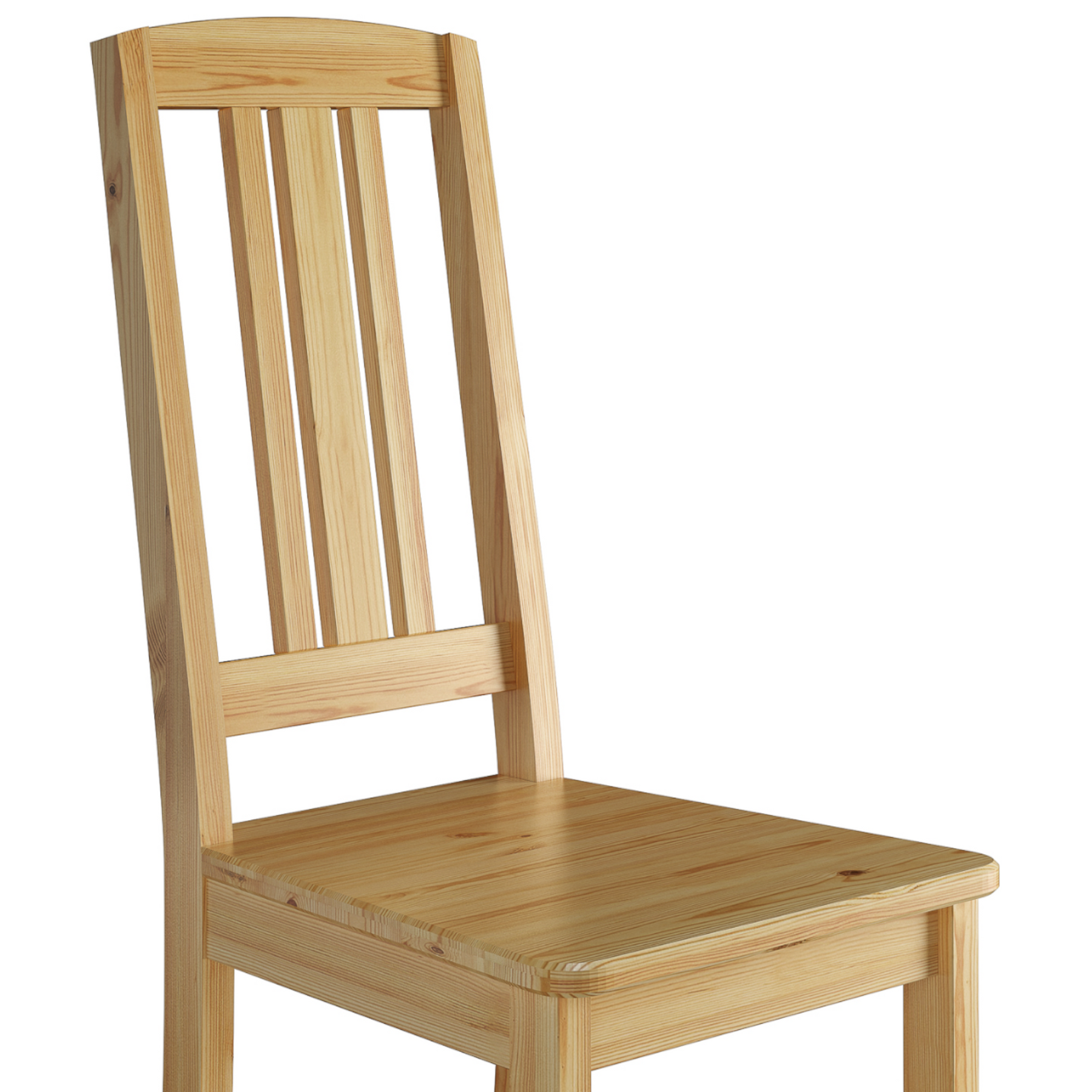 Stabiler Holzstuhl aus massiver Kiefer, Modell 22, klar lackiert, modernes Design - hohe Lehne mit Längsstreben Stabiler Holzstuhl aus massiver Kiefer, Modell 22, klar lackiert, modernes Design - hohe Lehne mit Längsstreben