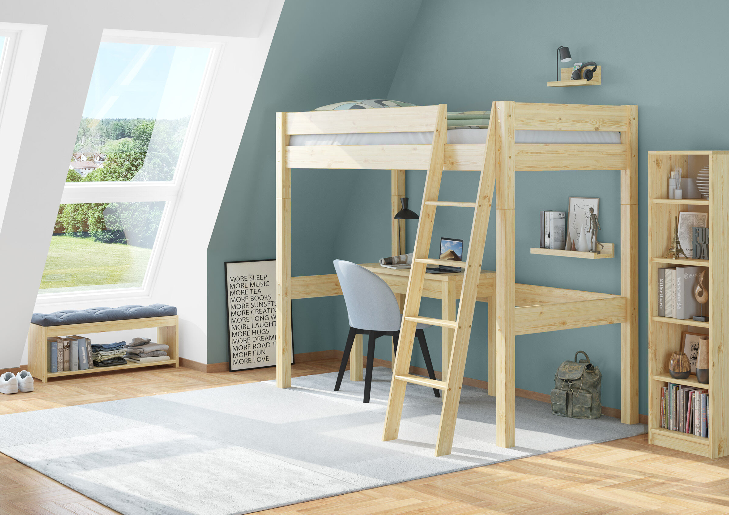 Etagenbett, Holz-Etagenbett, Holzlaminat, Schreibtisch, Regale, Zimmerbild Hochbett Kiefer natur