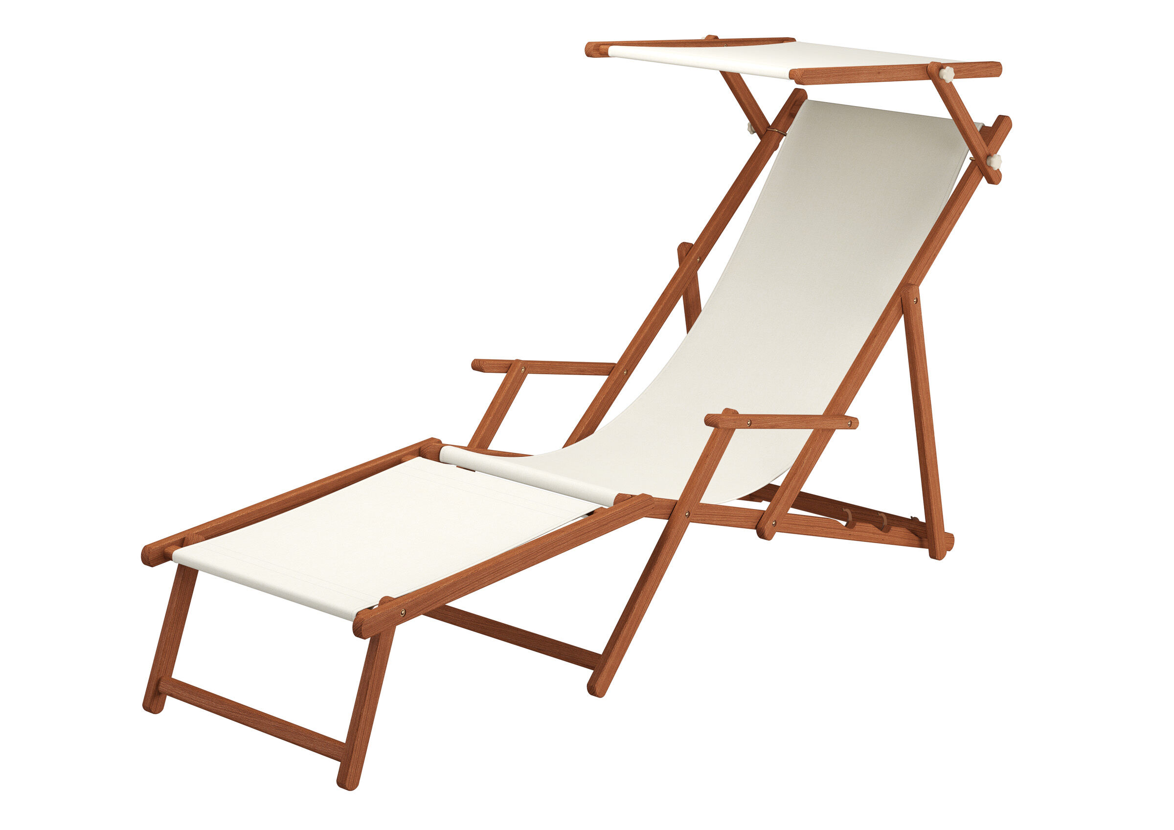 Liegestuhl, Holz, Sonnenliege, Stoff, verstellbar, Gartenliege mit Sonnendach und Fußteil und Stoff weiß