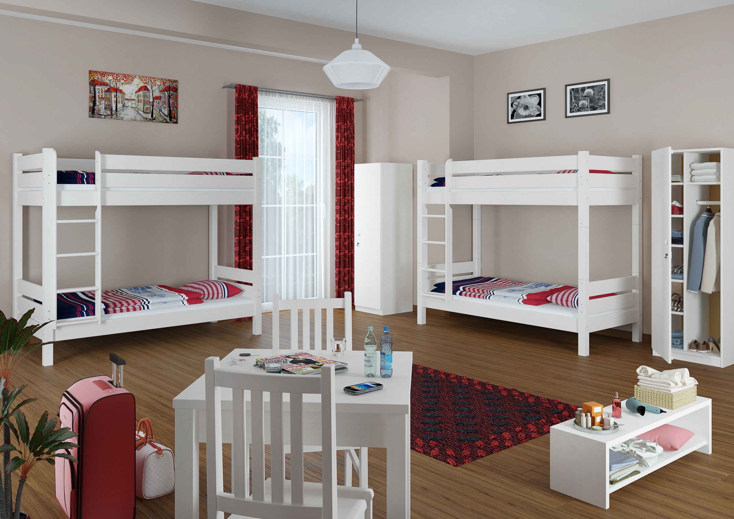 Schlafzimmer, Etagenbett, Holzboden, Weißes Möbelset, Kleiderschrank, Zimmerbild weiße Etagenbetten mit Sitzgruppe