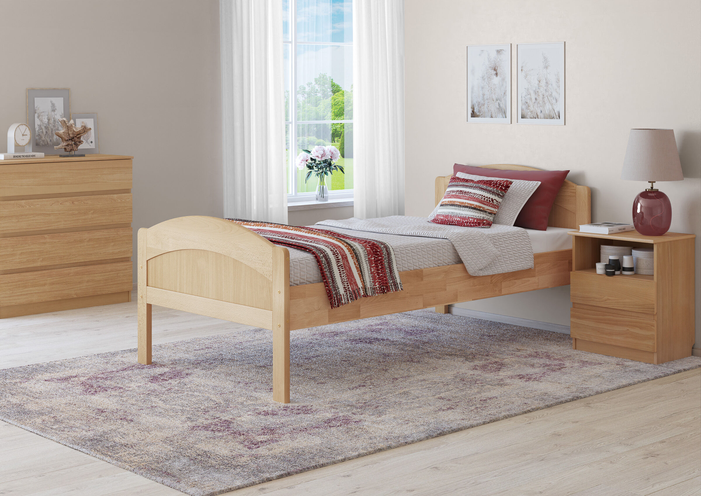 holzbetten, einzelbett, bettgestell, holzkommode, tischlampe, Massives Buche Holzbett - Seniorenbett extra hoch