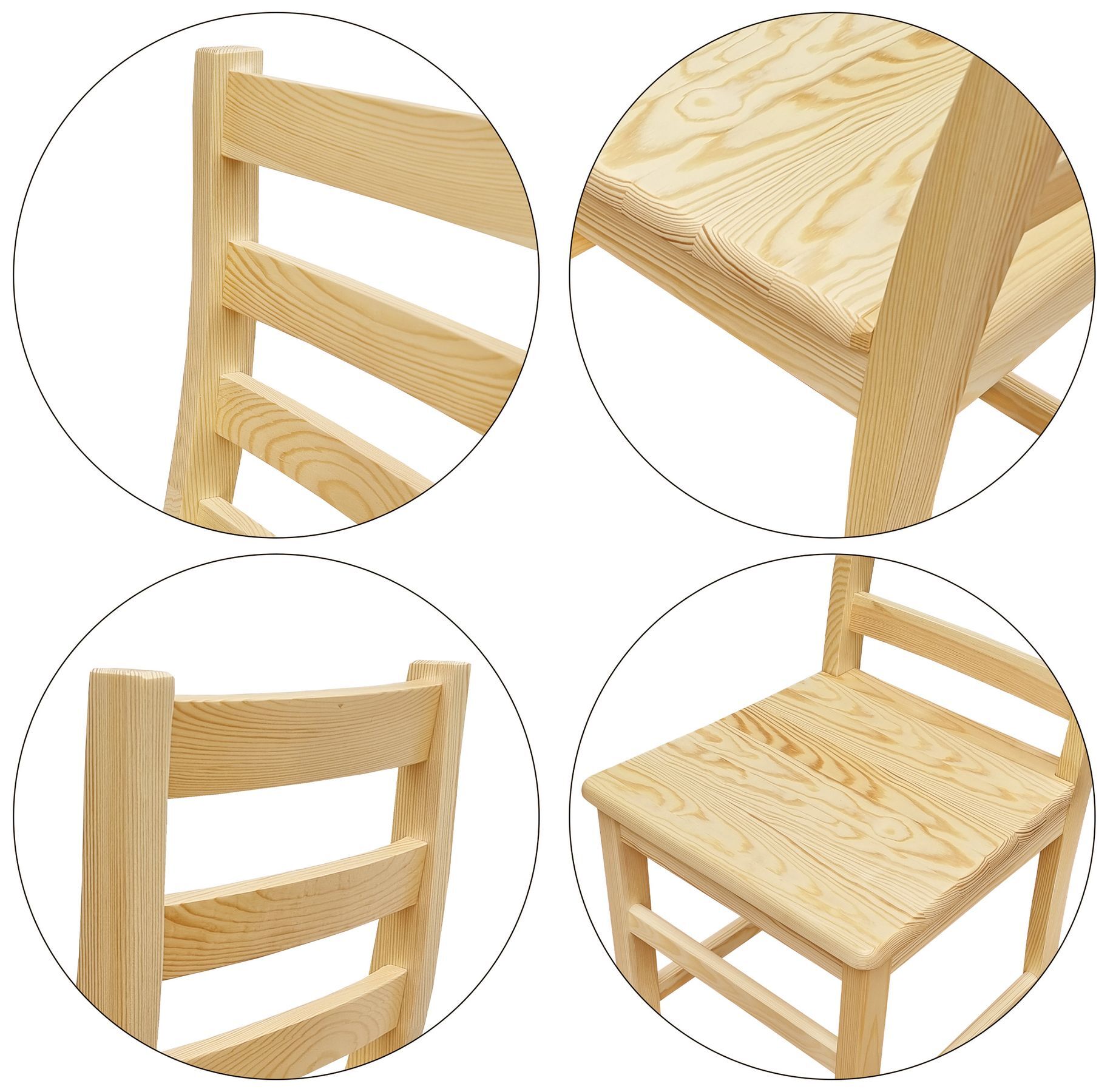 Holztisch, Sitzstuhl, Kiefernholz, Naturholz, Flacher Tisch, Sitzlehne, Sitzplatz und Beine des Stuhls im Detail