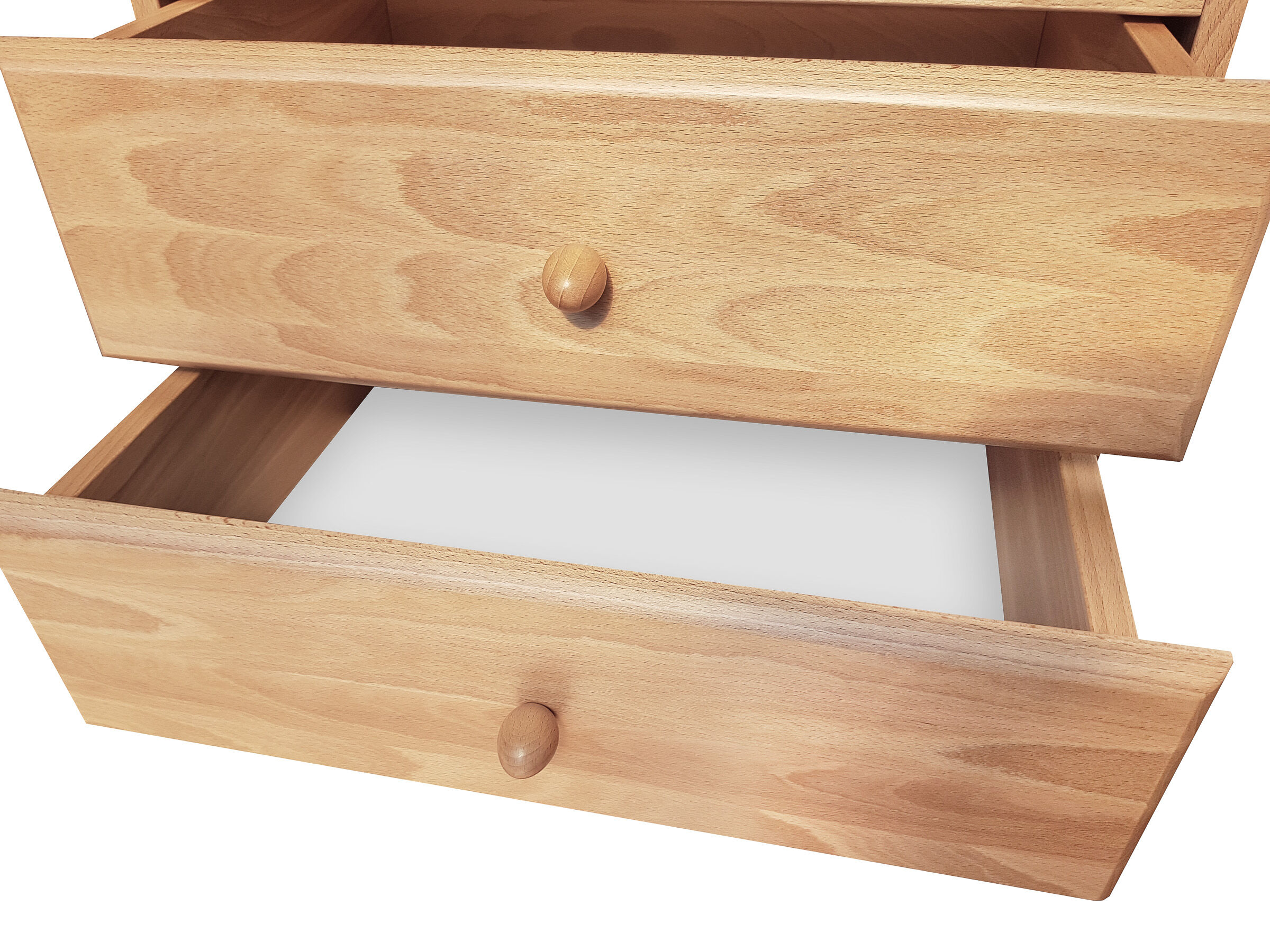 Holzkommode, Schublade, Naturholz, Kiefernholz, Holzoberfläche, Rundegriff aus Buche im Detail