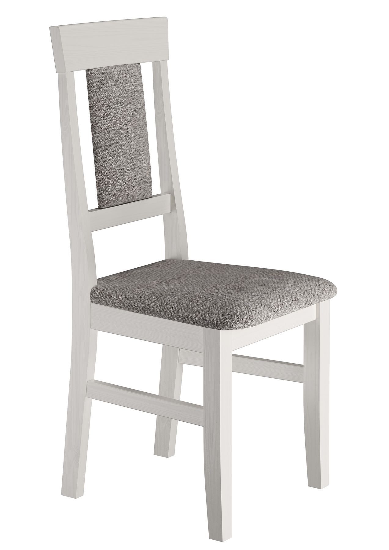 stuhl, essenstuhl, holzstuhl, gepolsterte sitzfläche, graue Polsterung, Stabiler Holzstuhl aus massiver Kiefer, Modell 25 Bezug Grau, waschweiß lackiert, Modernes Design mit gepolstertem Sitz und Lehne