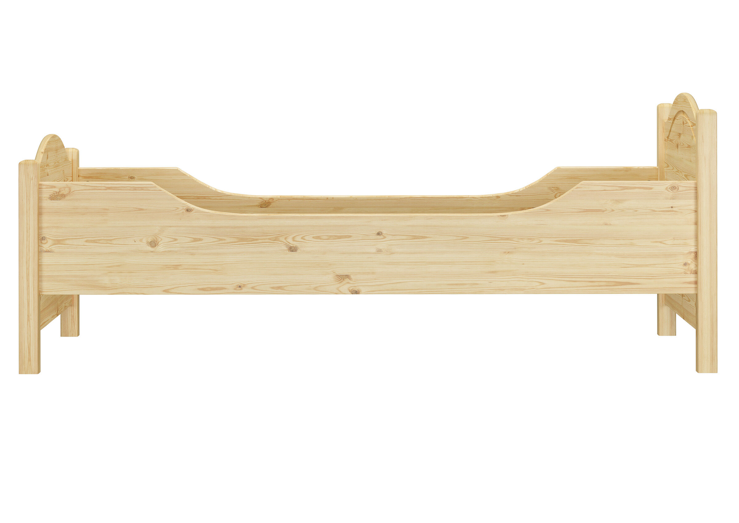 Holzbett, Kinderspielbett, Naturholz, Holzbettenrahmen, Lattenrostbereich, Seitenbild des Echtholzbettes