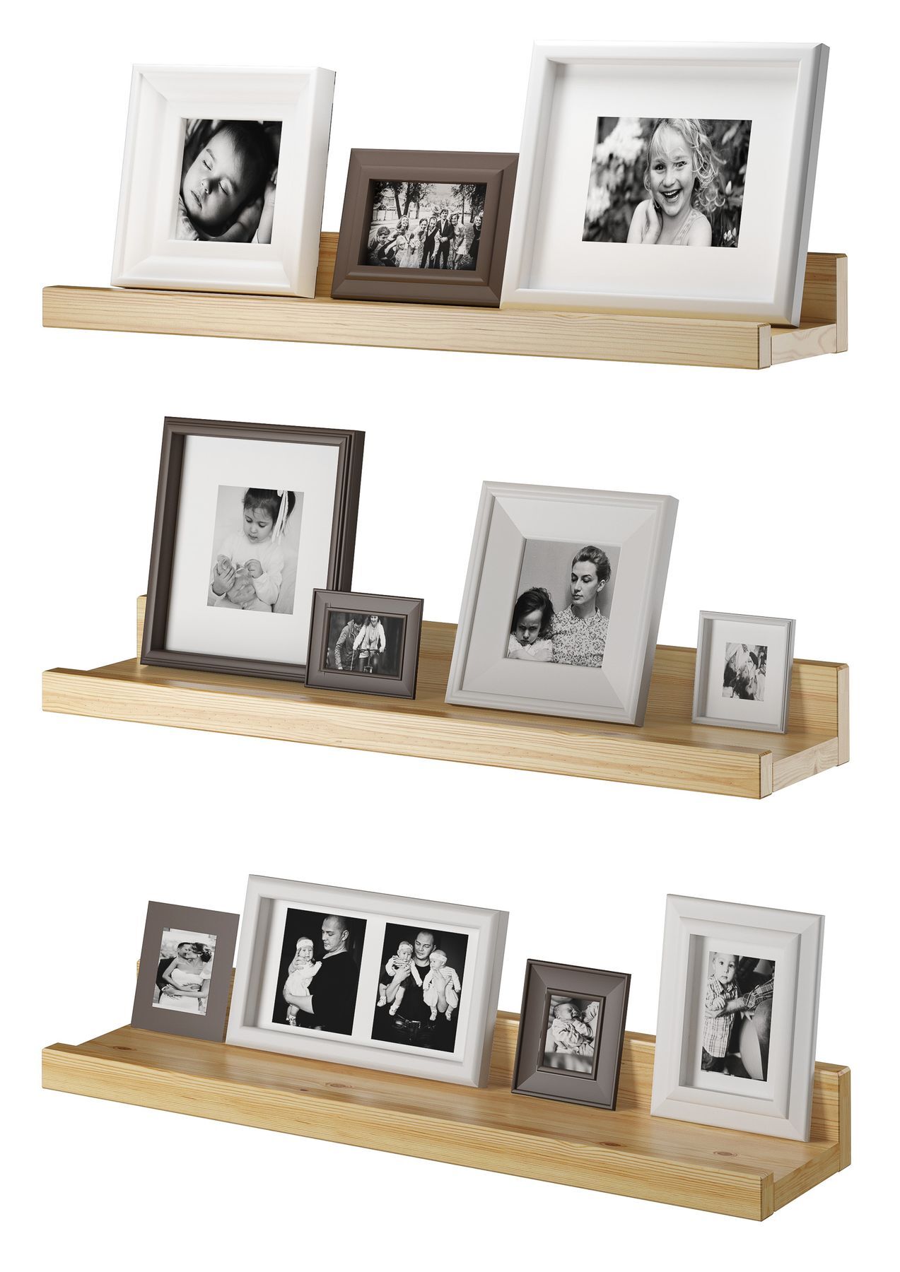 Regal, Bilderrahmen, Holzregal, Schwarz-Weiß, Foto-Display, Wandablagen aus Massivholz