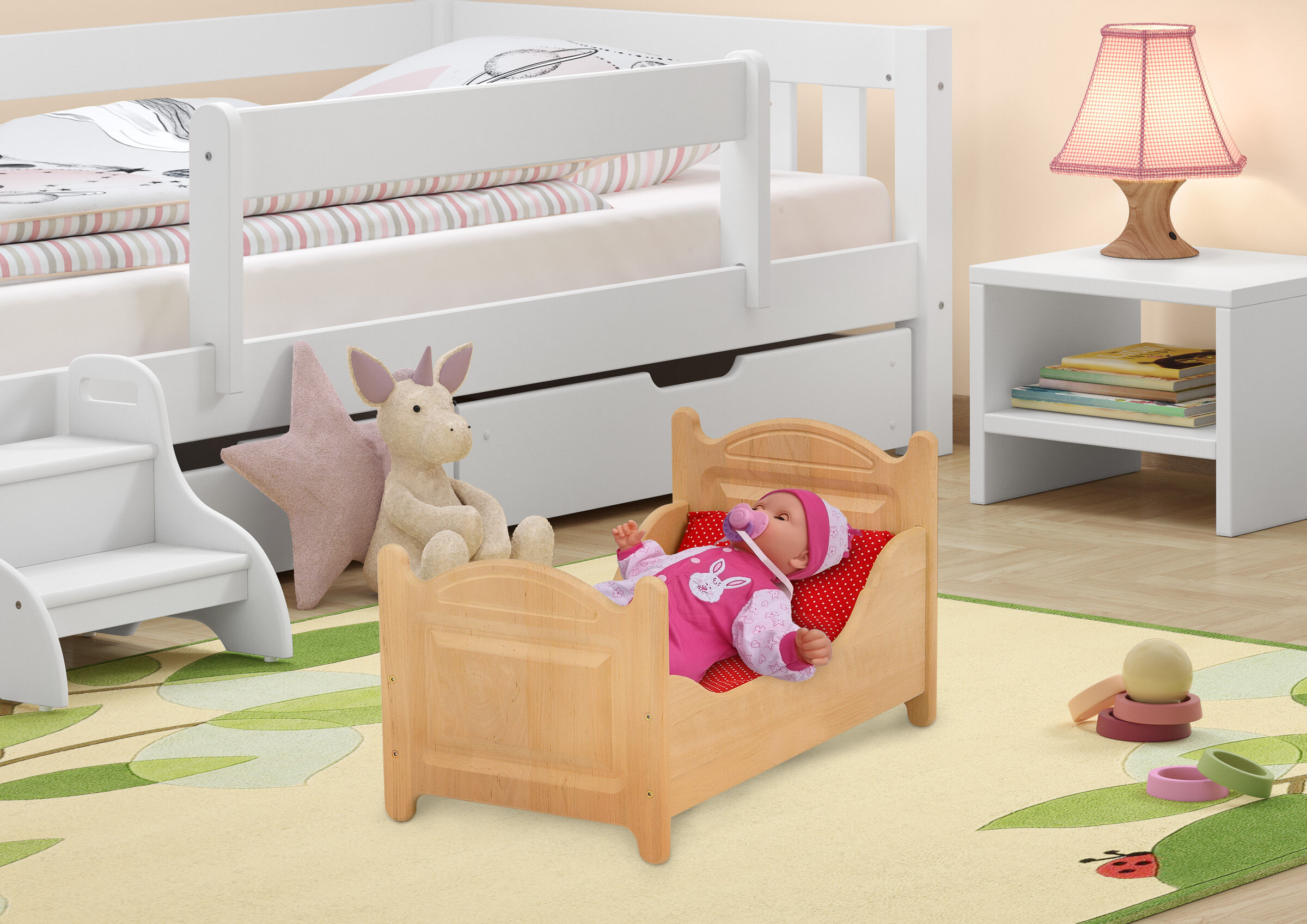Hochbett, Spielbett, Kleiderschublade, Kinderzimmer, Puppe, Zimmerbild mit Puppenbett