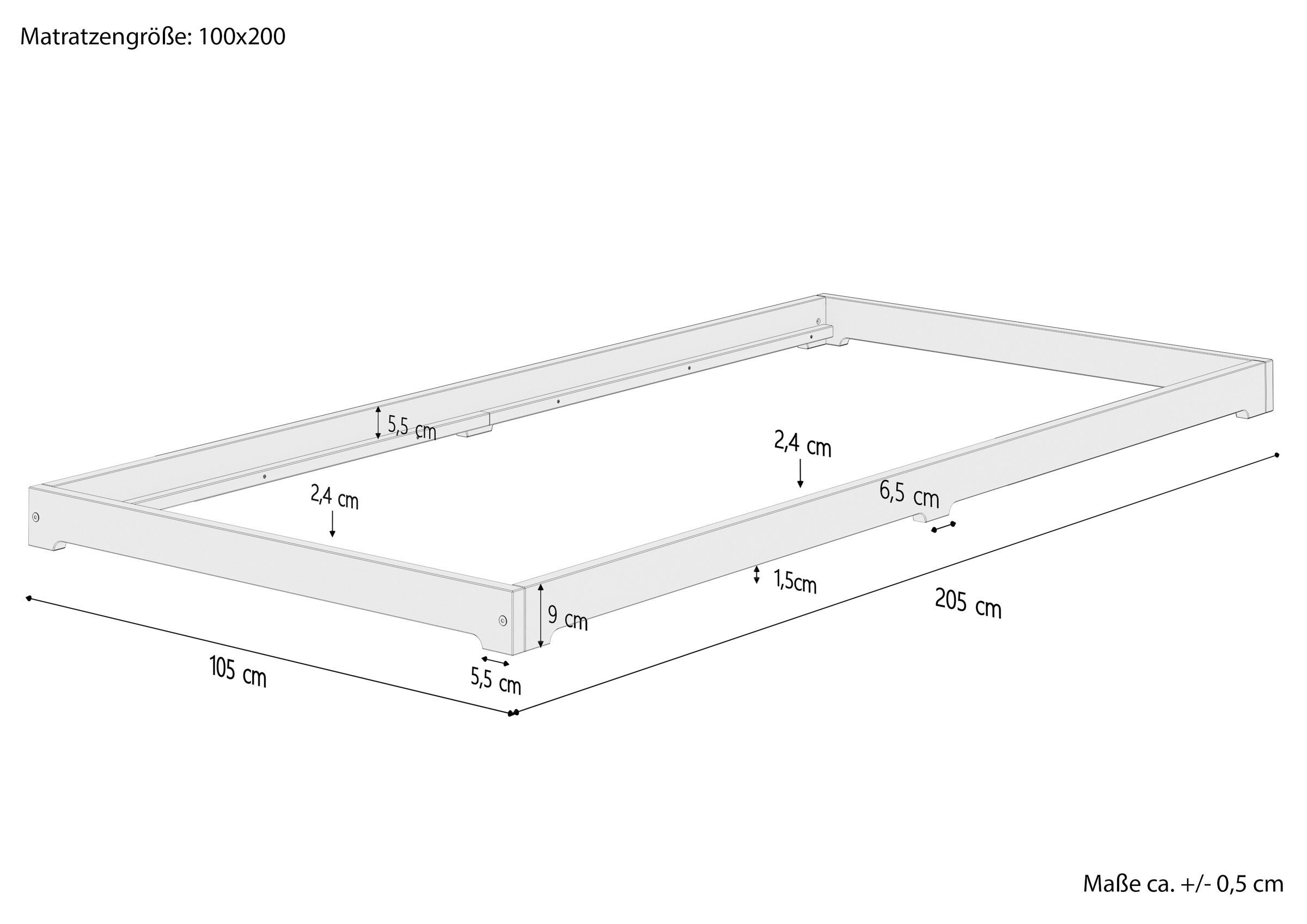 betttafel, bettrahmen, holzrahmen, korpus, abmessungen, Maßskizze Bodenbett 100x200
