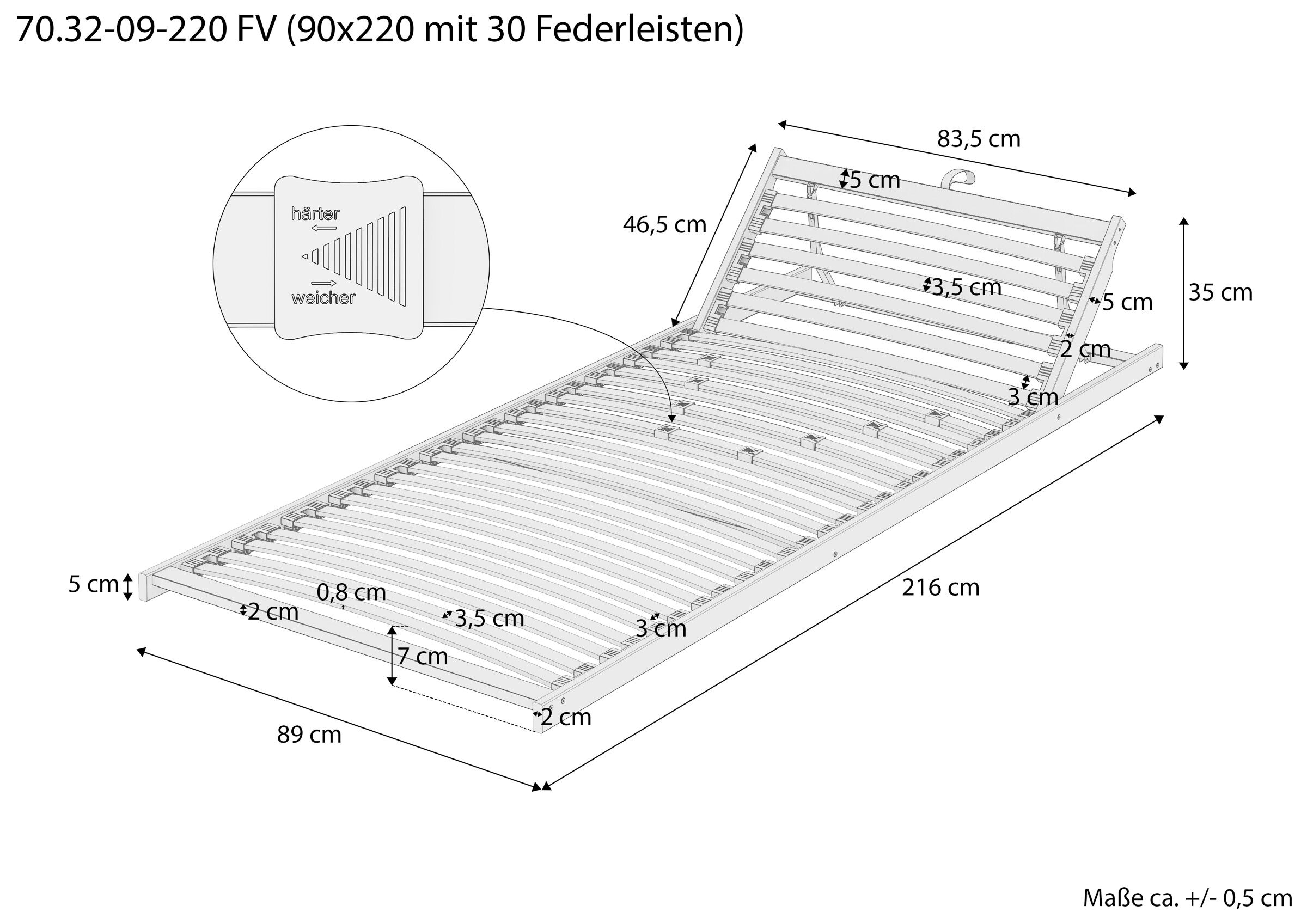 Lattenrost, Bettrahmen, Holz, Verstellbares Kopfteil, Schlafeinheit 90x200, Skizze mit Maße