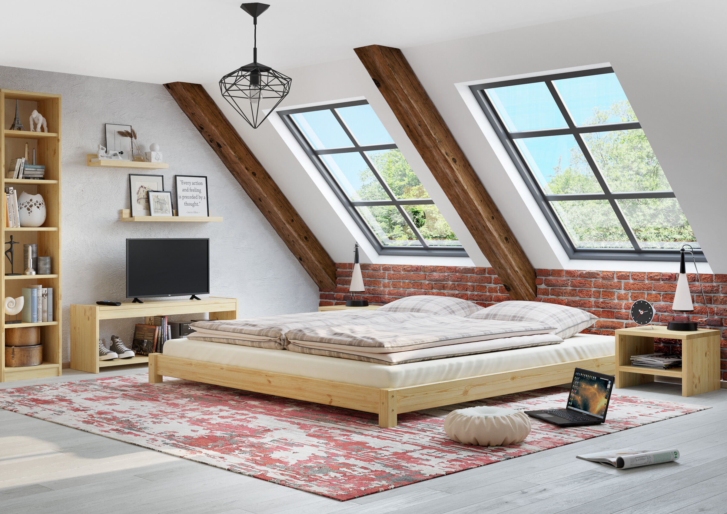 bett, dachbodenzimmer, holzbett, roter backstein, schreibtisch,