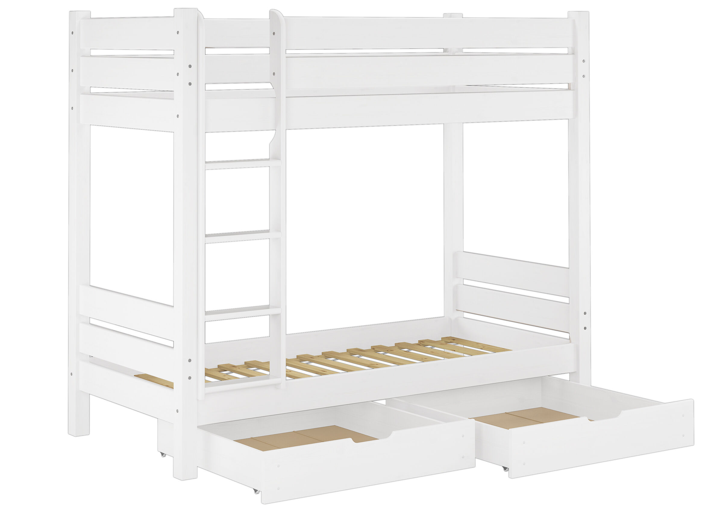Hochbett, Weißes Holz, Aufbewahrungsschubladen, Etagenbett, Lattenrostboden, Etagenbett Kiefer weiß mit Lattenrollrost und Doppelbettkasten
