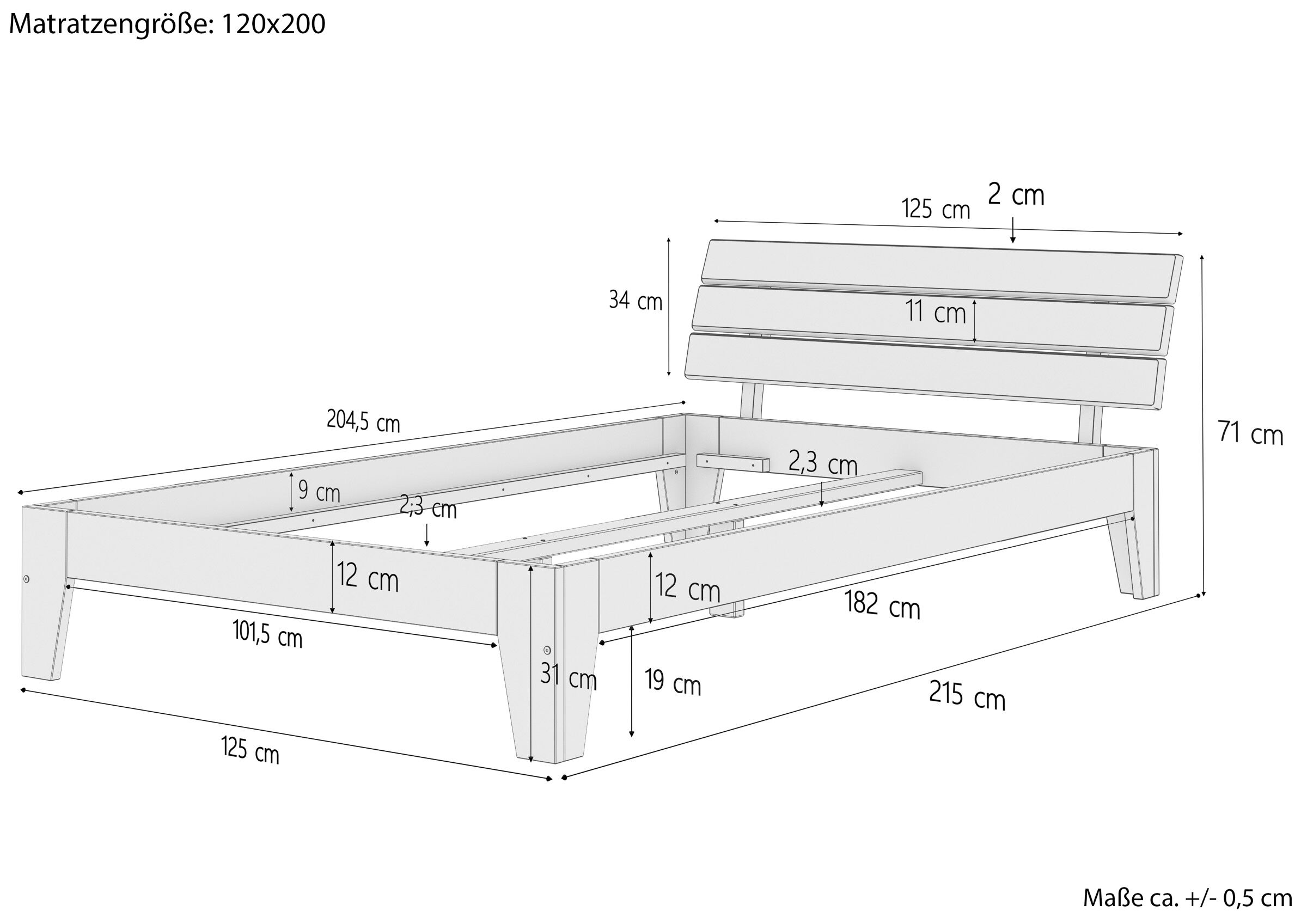 bettgestell, holzbettrahmen, lattenroste, betttresten, dimensions-240x215cm, Maßskizze