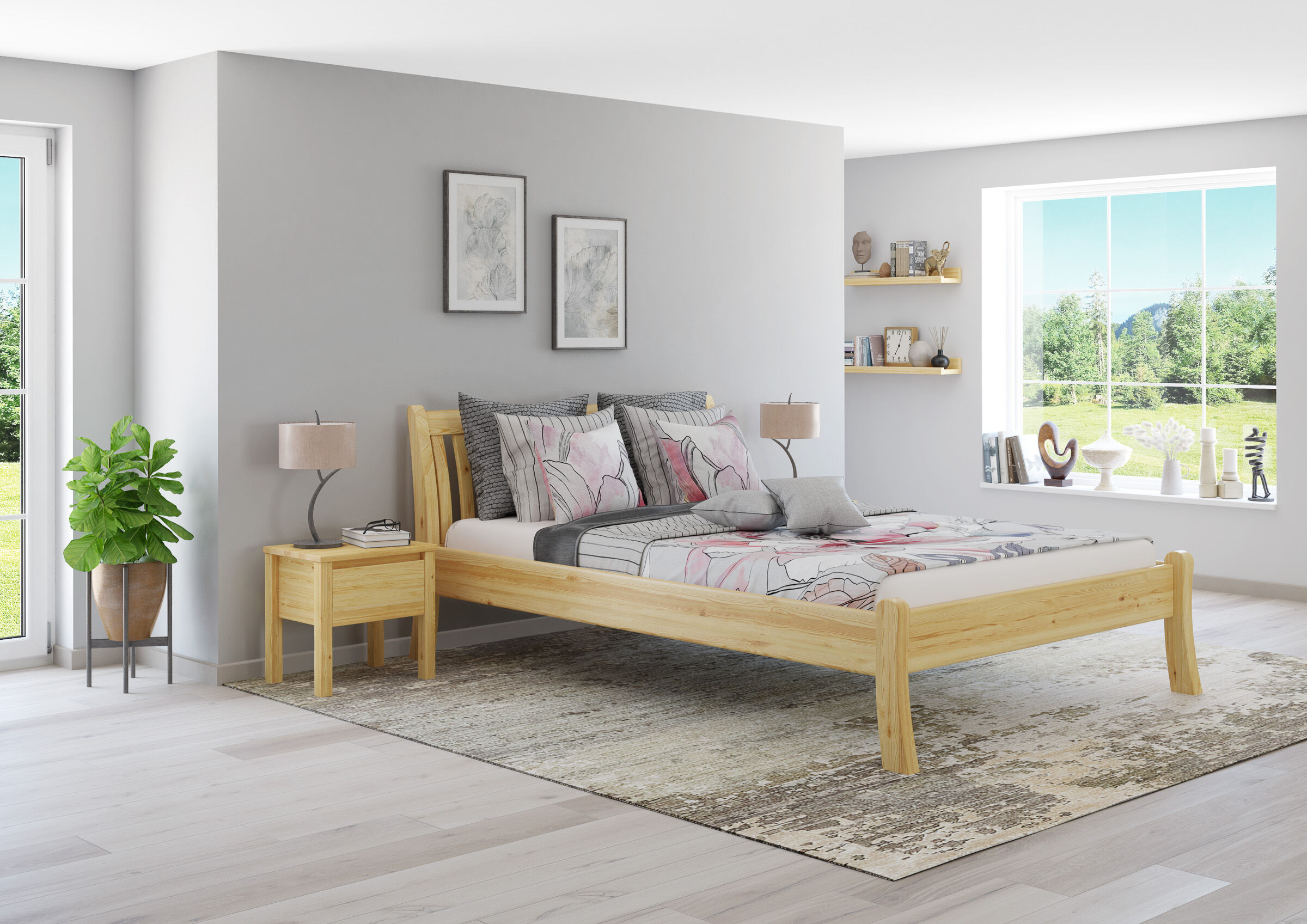 bett, holzbett, bettwäsche, nachtische, wohnzimmer, Gästezimmer mit Doppelbett Kiefer natur