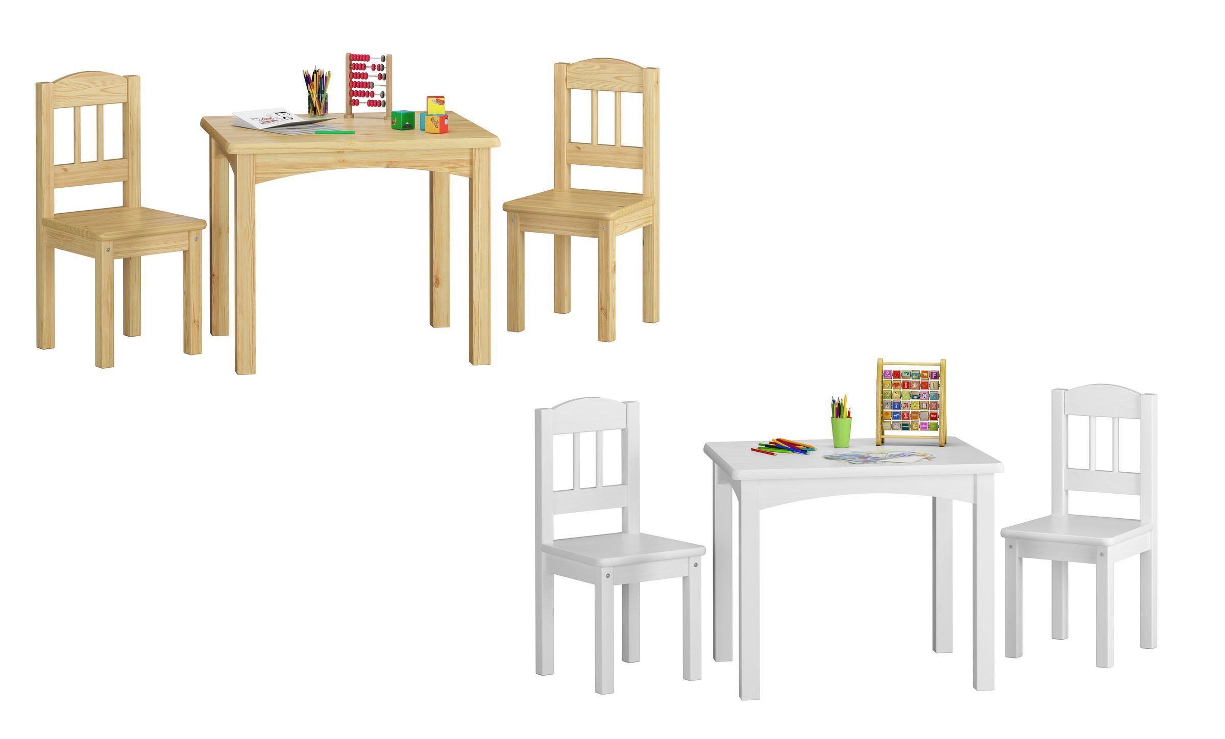 Kinderstuhl, Holztisch, Naturholz, Kita, Wohnzimmer Kinder, Zwei Farbvarianten der Sitzgruppe