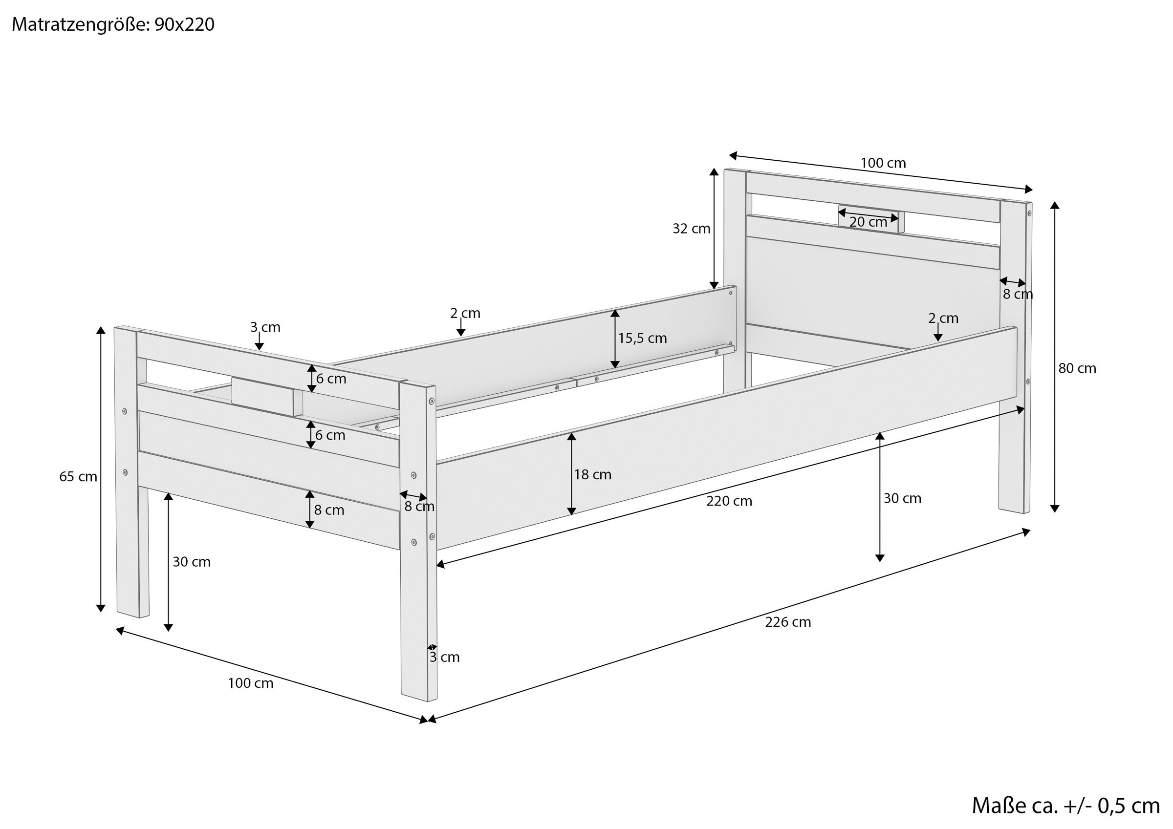 Einzelbett, Holzbett, Kiefer, Massivholz, Graues Bettgestell, Skizze mit Maße Seniorenbett