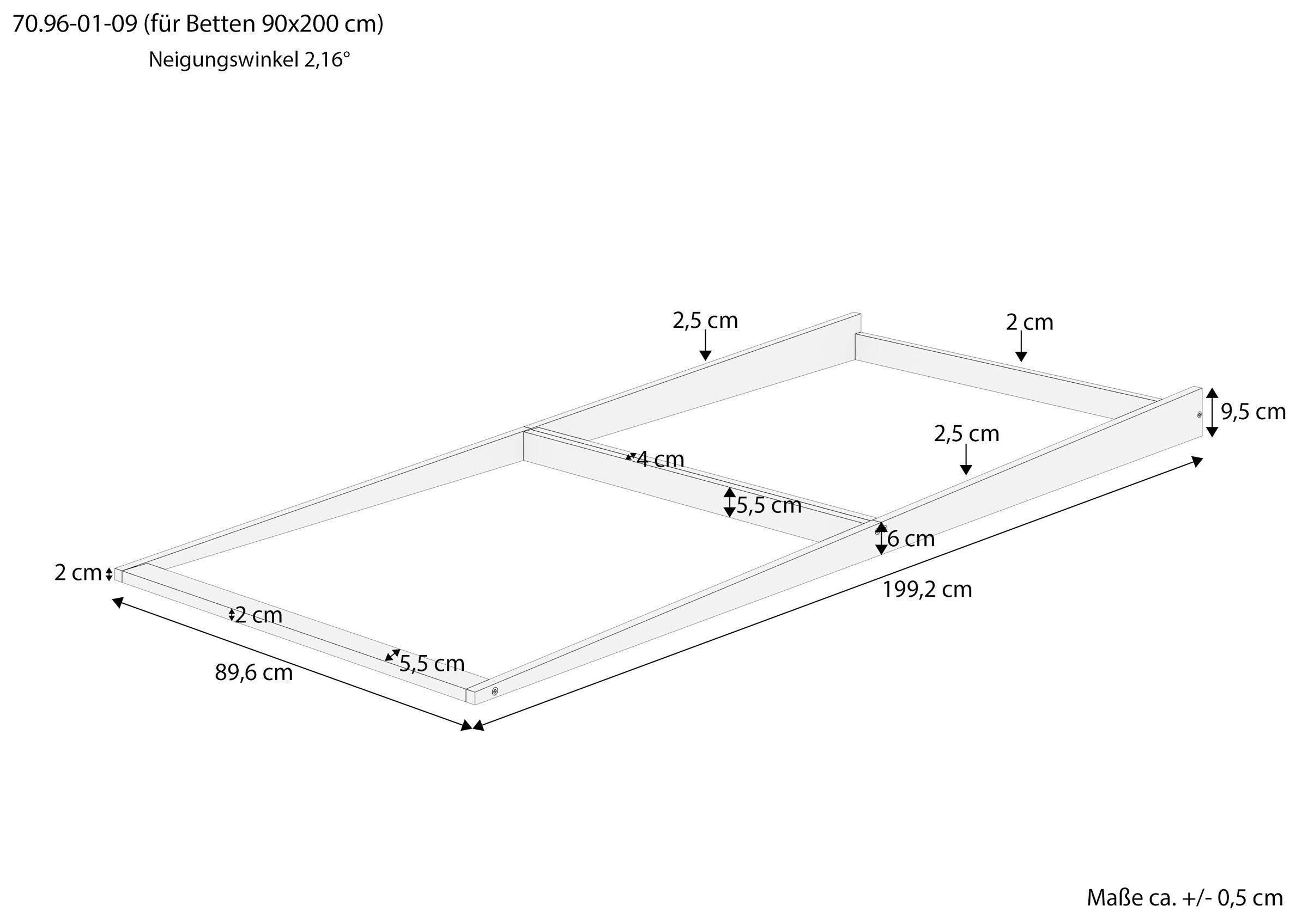 Bettgestell, Holzbett, 90x200 cm, Holzrahmen, Maße ca., Maße des Reflux-Rahmens 90x200