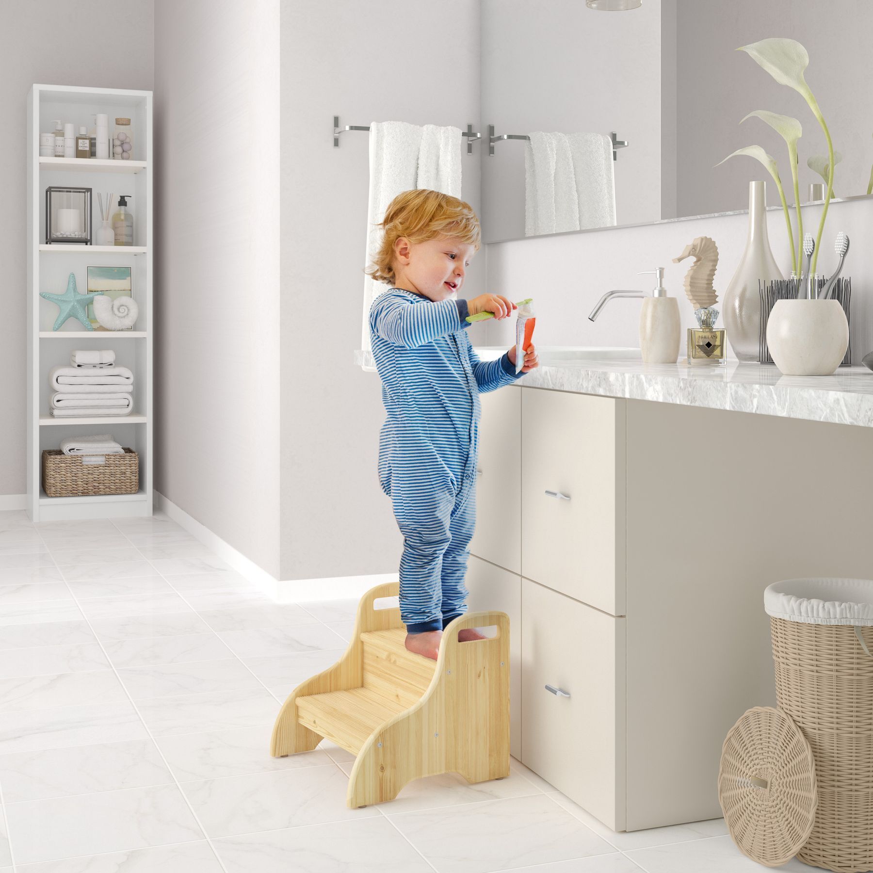 Kind, Kleinkind, Trittleiter, Badezimmer, Korb, Tritthocker klar lackiert Kiefer
