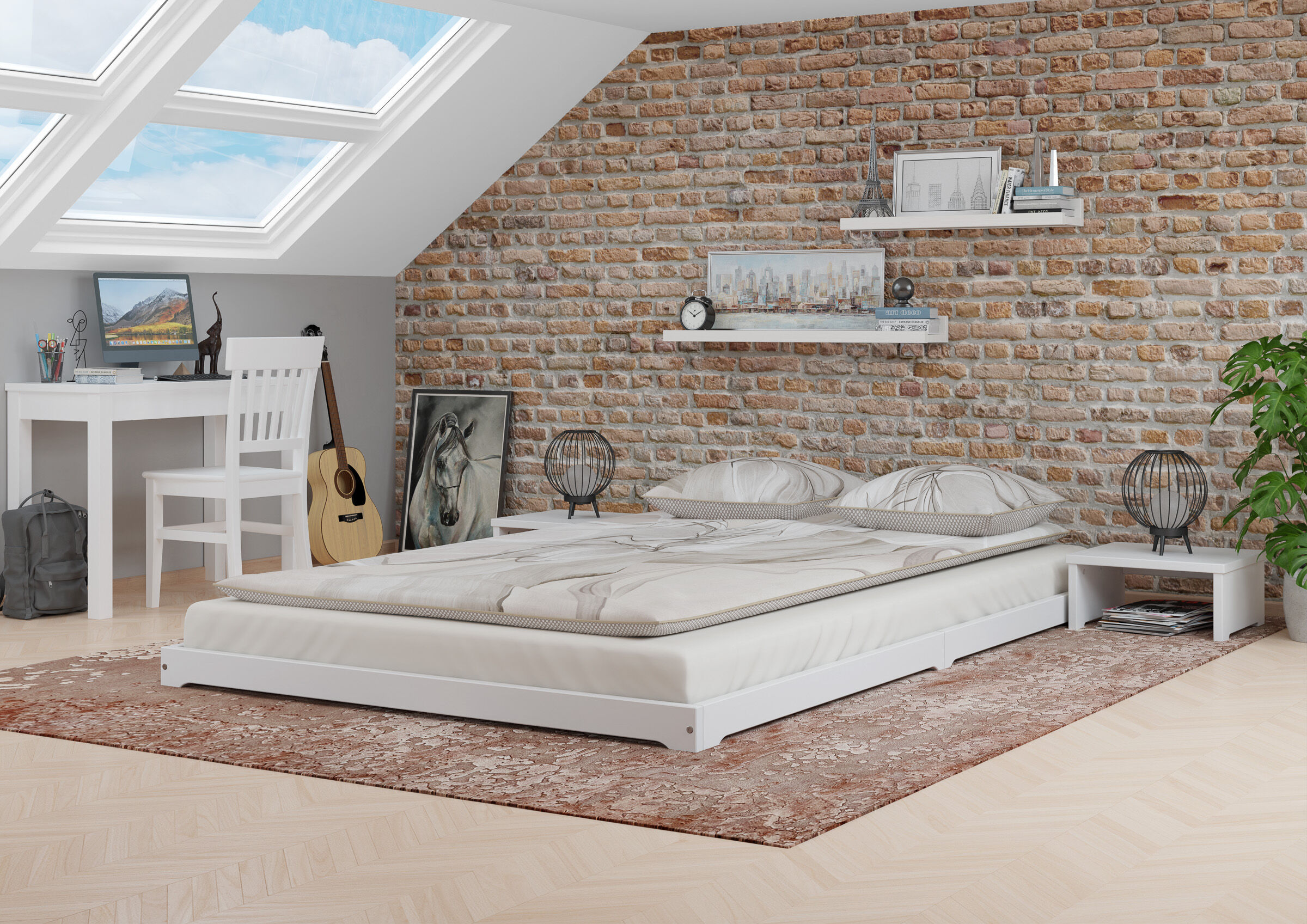 Schlafzimmerbild von dem weißen Bodenbett 140x220 Schönes Massivholzbett 140x220 in Überlänge extra niedrig