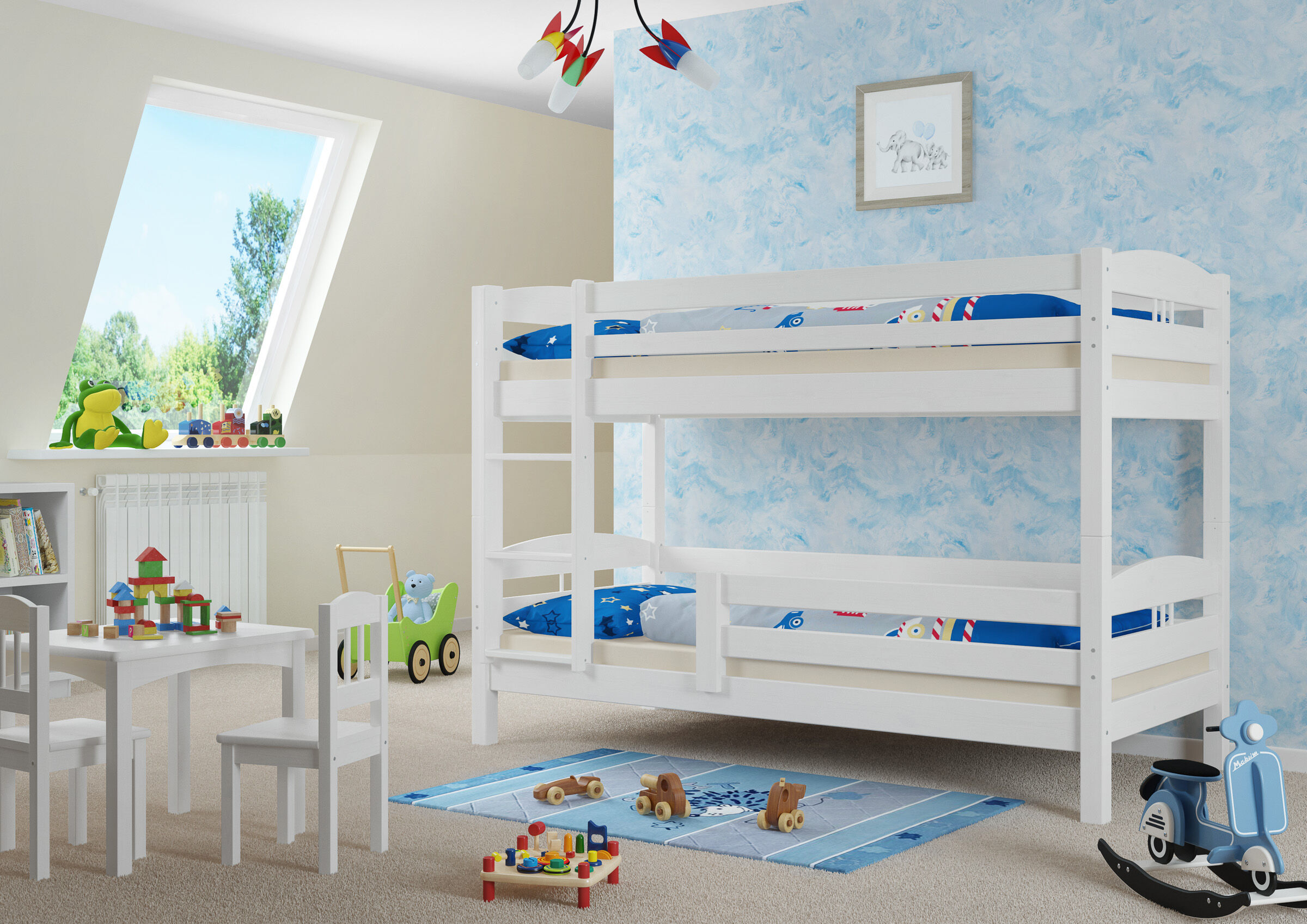 Kinderzimmer, Etagenbett, Weißes Bettgestell, Spielzeuglampe, Kinderzimmerdeko, Weißes Stockbett mit 60.Kisi-05
