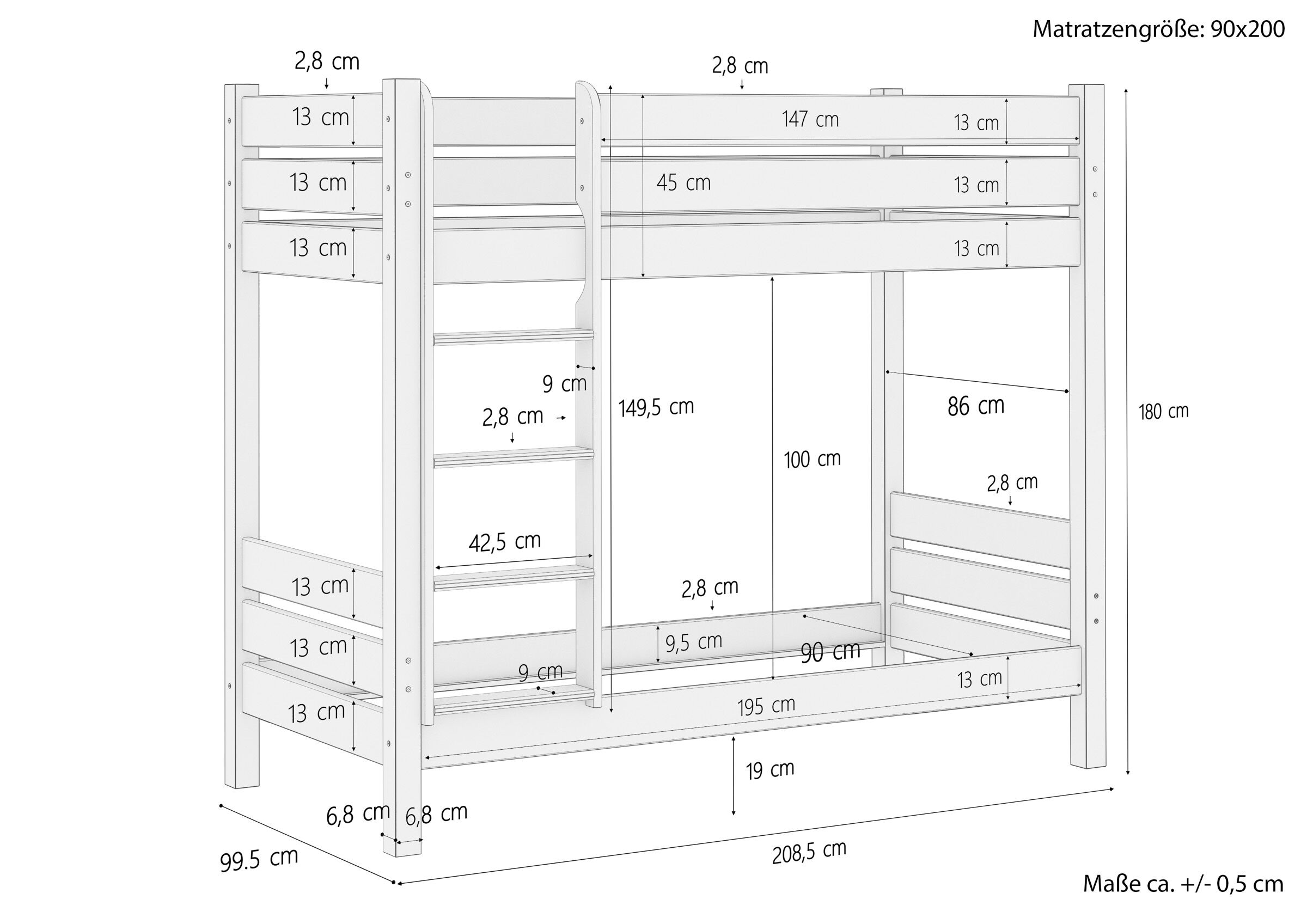 hochbett, leiter, auflage, matratze 90x200, holzrahmen, Skizze mit Maße Etagenbett