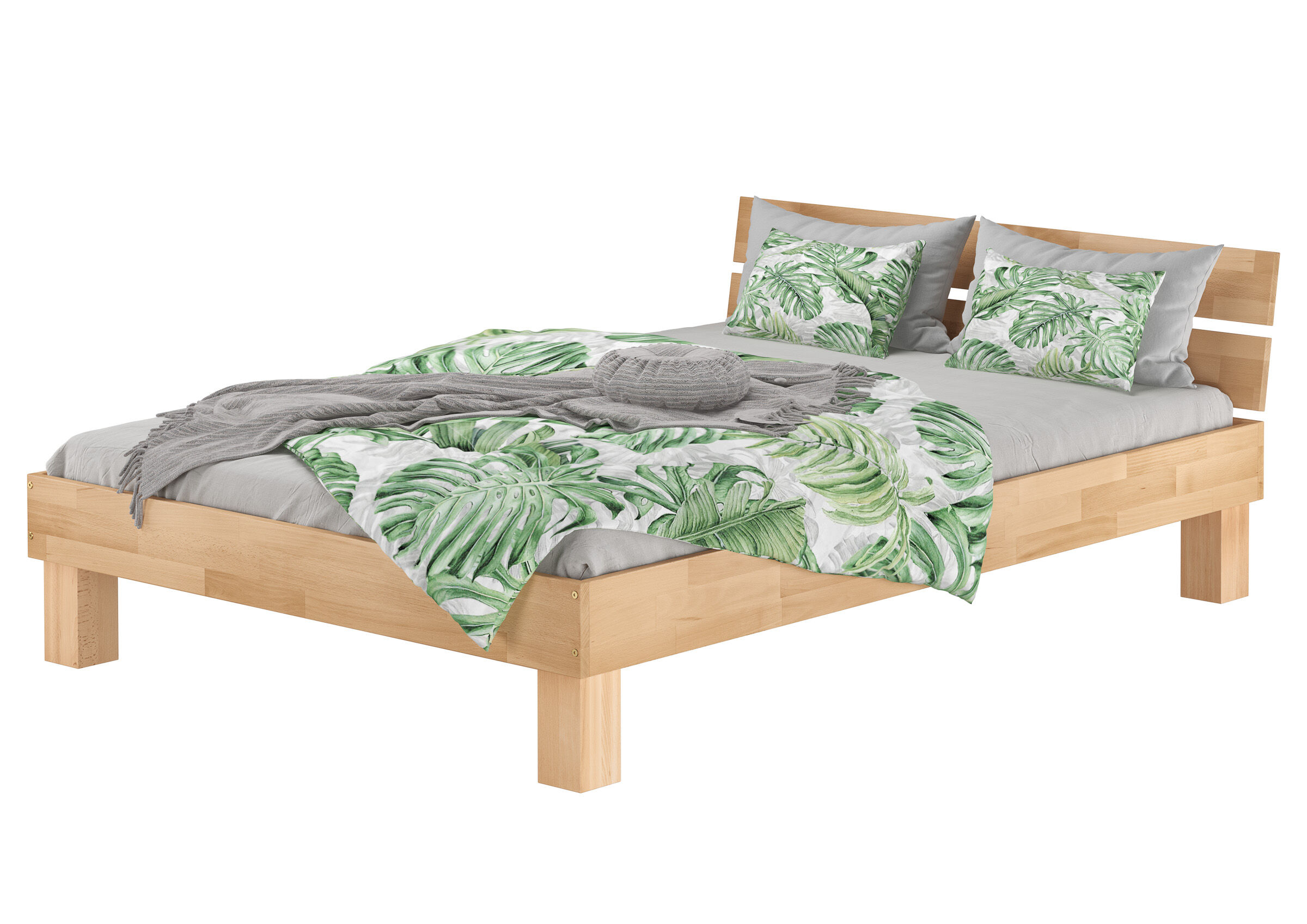 Bett, Bettgestell, Baumwolle, Grüne Blattmuster, Bettwäsche-Set, Schönes Buchenholzbett 140x220 mit Kopflehne