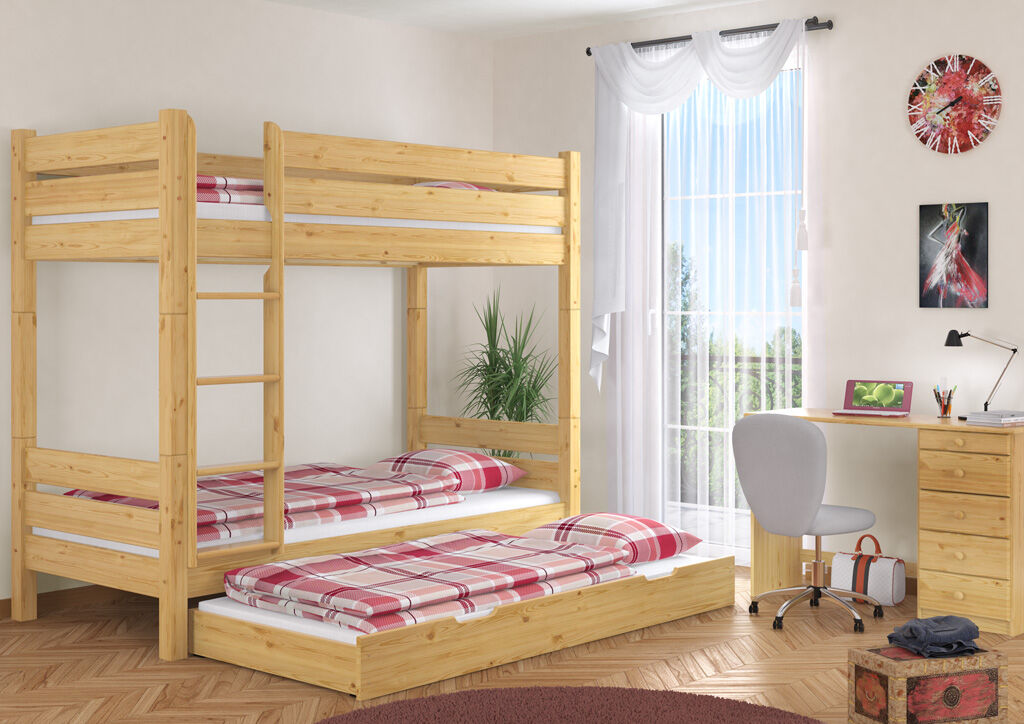 holzbetten, stockbett, tagesbett, betteinheit, pflanze, Kinderzimmerbild Kiefer Etagenbett teilbar mit Gästebettkasten