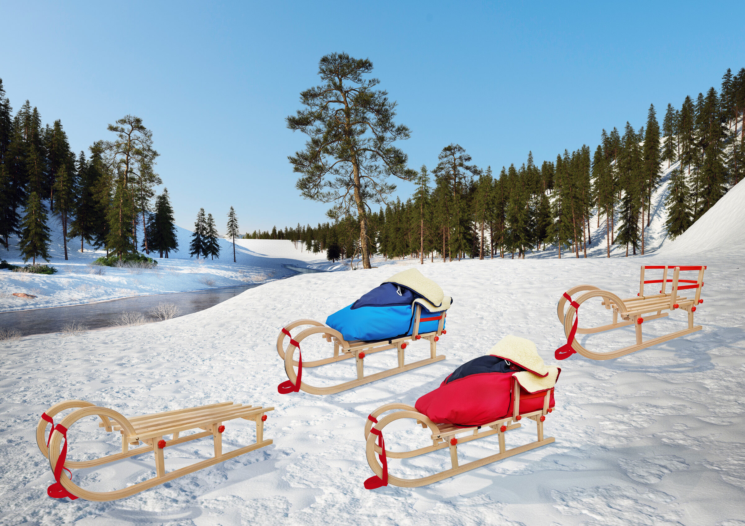 Schlitten, Schlittenpaare, Schnee, Winter, Berglandschaft, Holzschlitten mit viel Zubehör